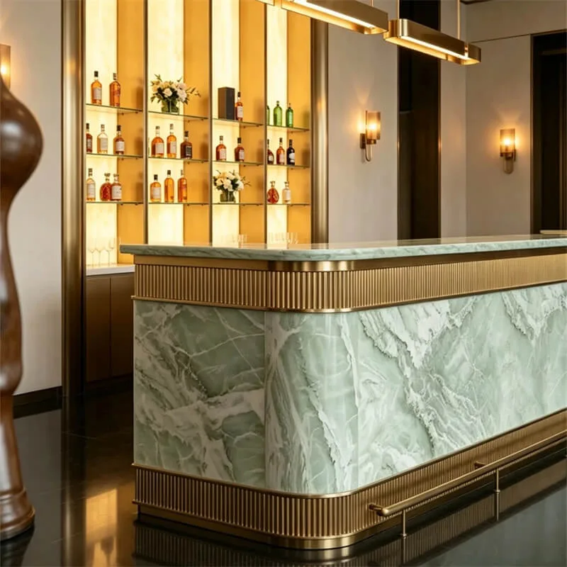 Luxury Green Sintered Stone Brass Metal Reception Desk Dual Purpose Hotel Club Bar Counter With Backlit Glass Wine Cabinet — view 3