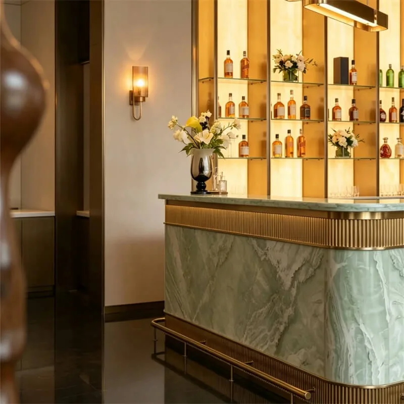 Luxury Green Sintered Stone Brass Metal Reception Desk Dual Purpose Hotel Club Bar Counter With Backlit Glass Wine Cabinet — view 4