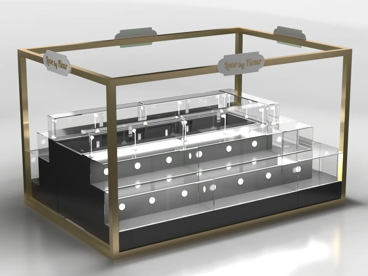 Luxury Indoor Floral Display Kiosk with Gold Frame and LED Lights