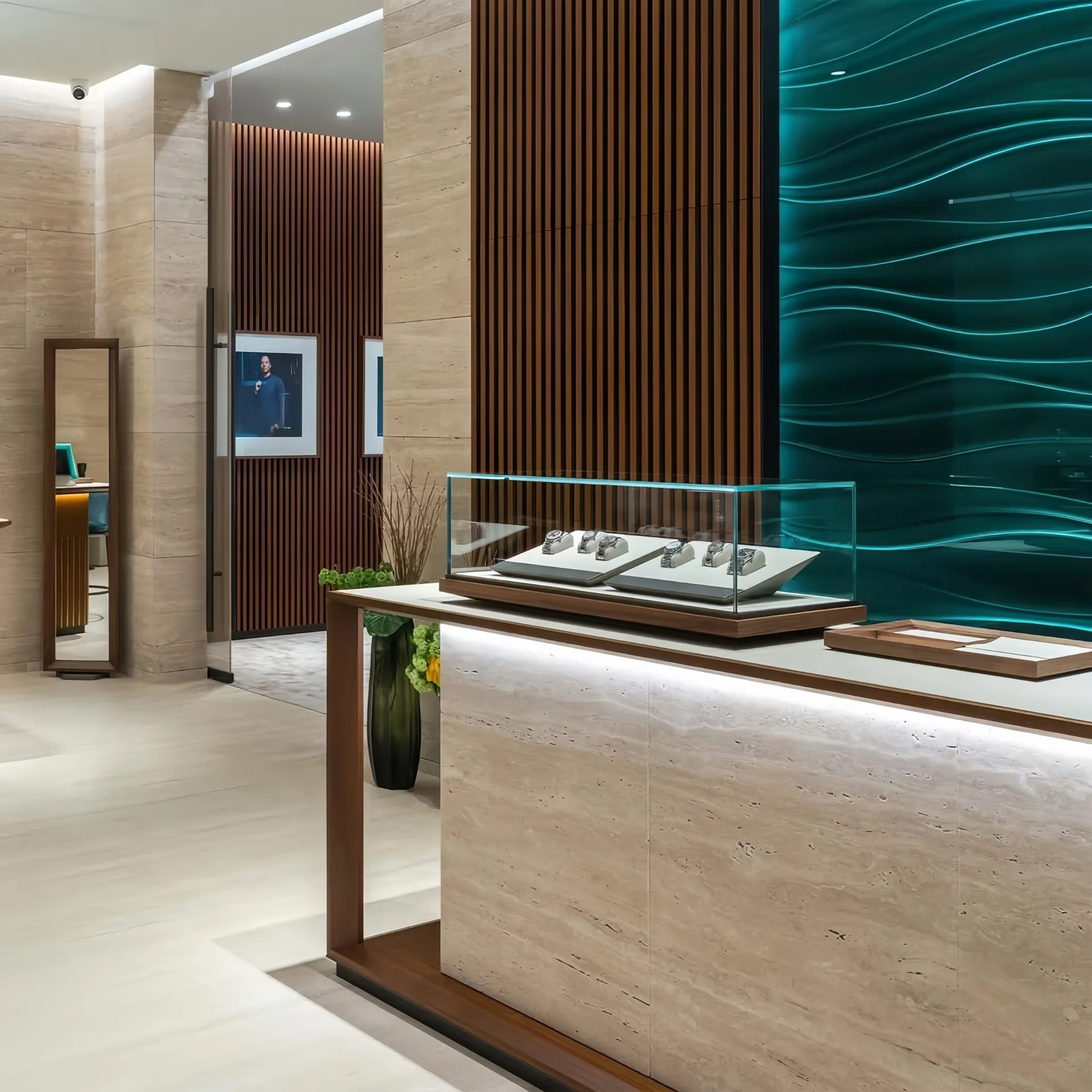 Luxury Jewelry Boutique Interior Design | Custom Wood Paneled Showroom with Statement Chandelier — view 2