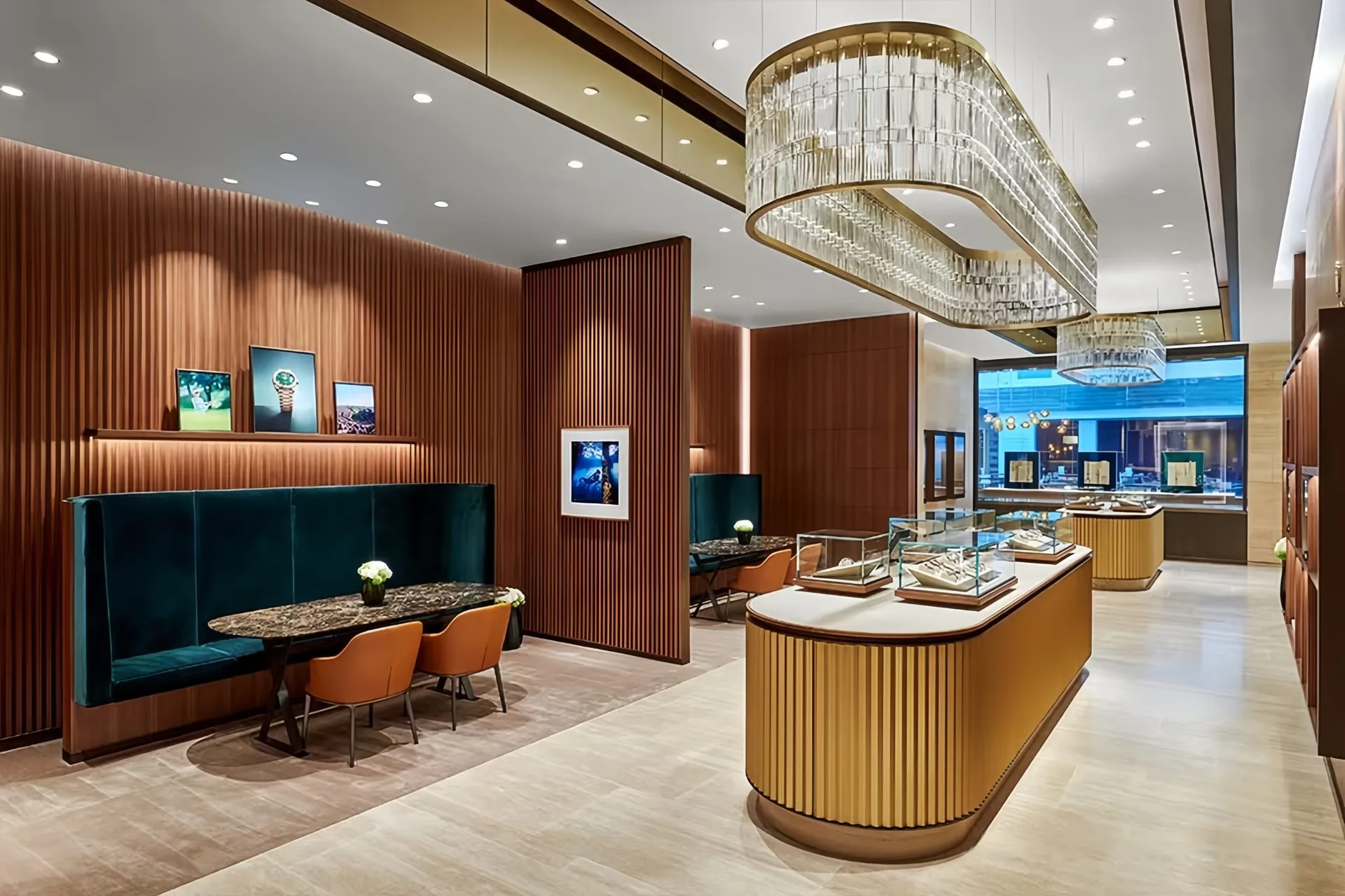 Luxury Jewelry Boutique Interior Design | Custom Wood Paneled Showroom with Statement Chandelier