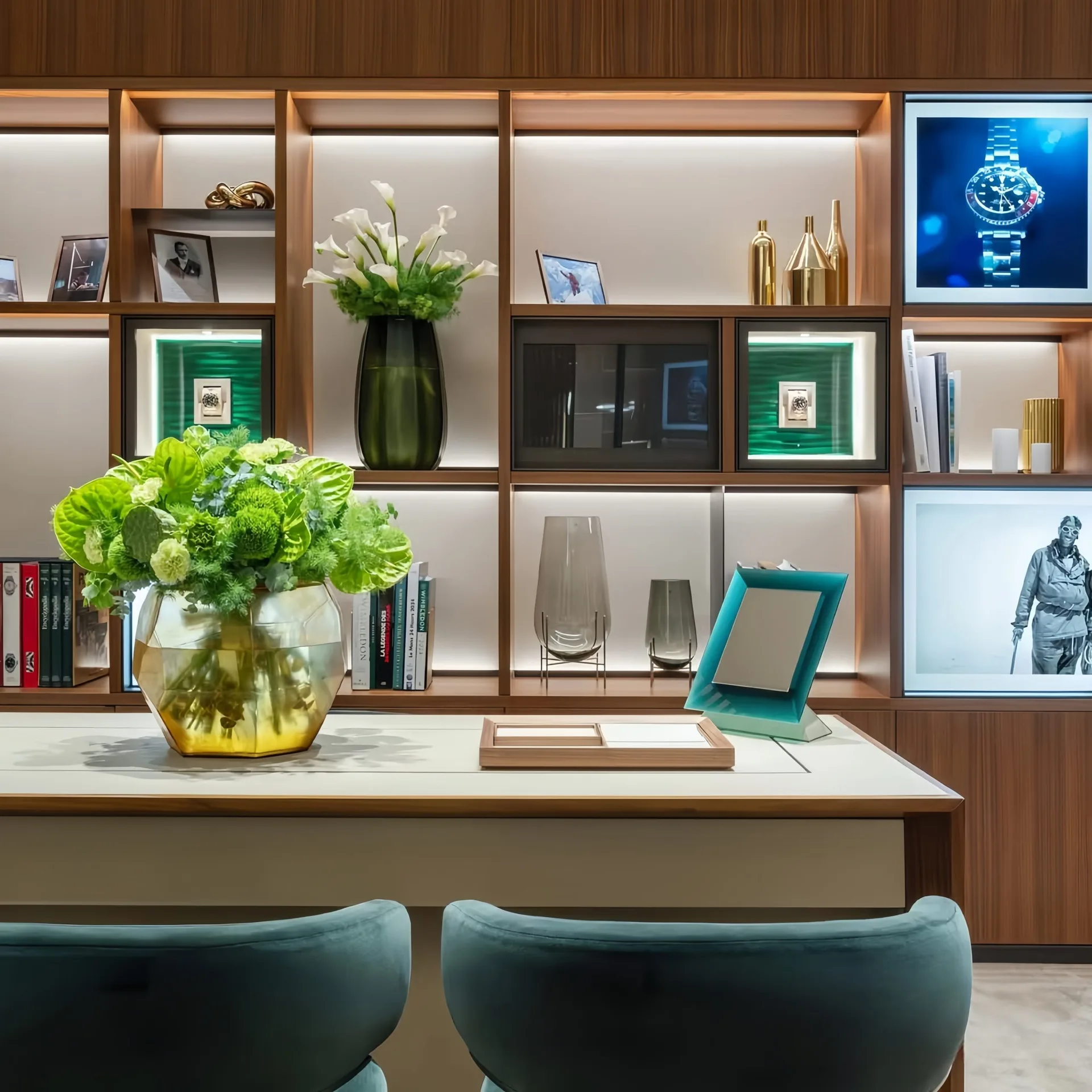 Luxury Jewelry Boutique Interior Design | Custom Wood Paneled Showroom with Statement Chandelier — view 5