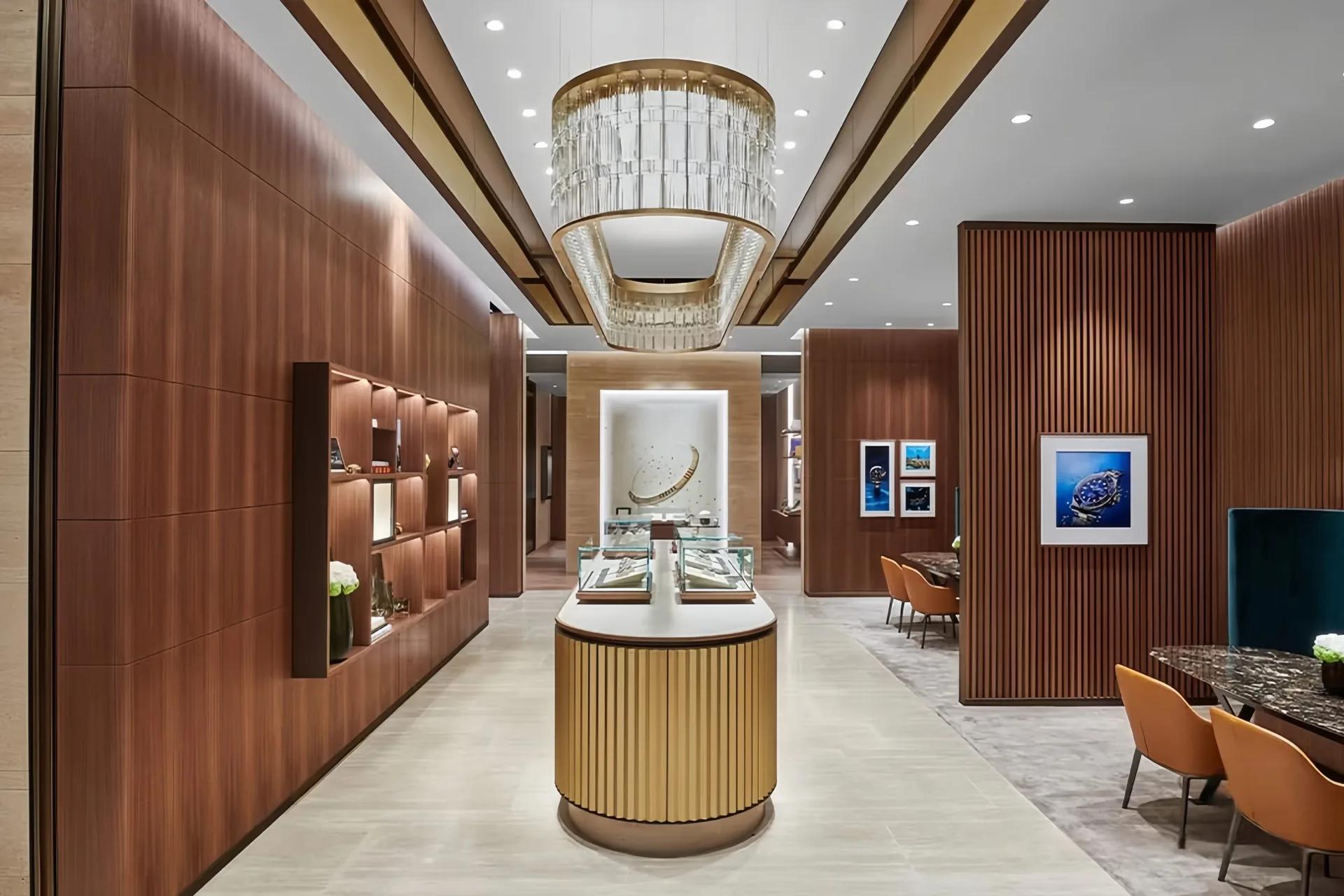 Luxury Jewelry Boutique Interior Design | Custom Wood Paneled Showroom with Statement Chandelier — view 9
