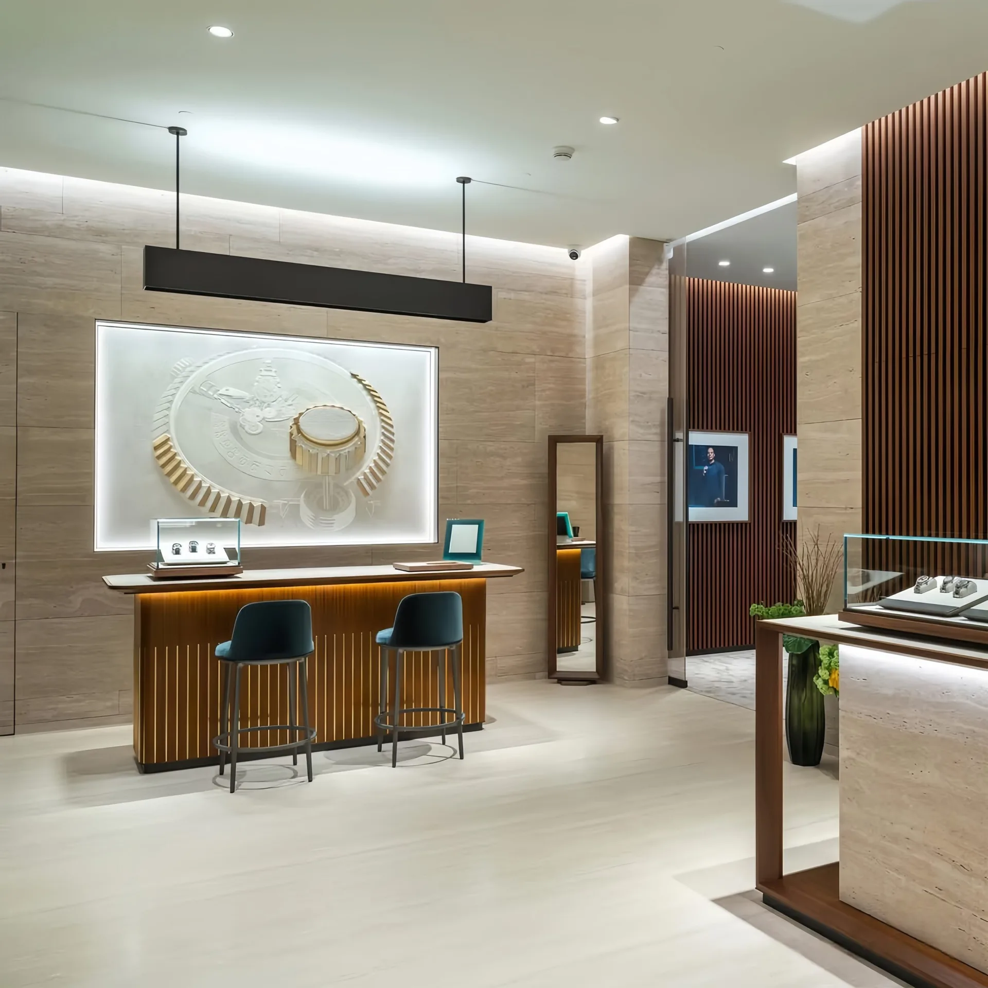 Luxury Jewelry Boutique Interior Design | Custom Wood Paneled Showroom with Statement Chandelier — view 4