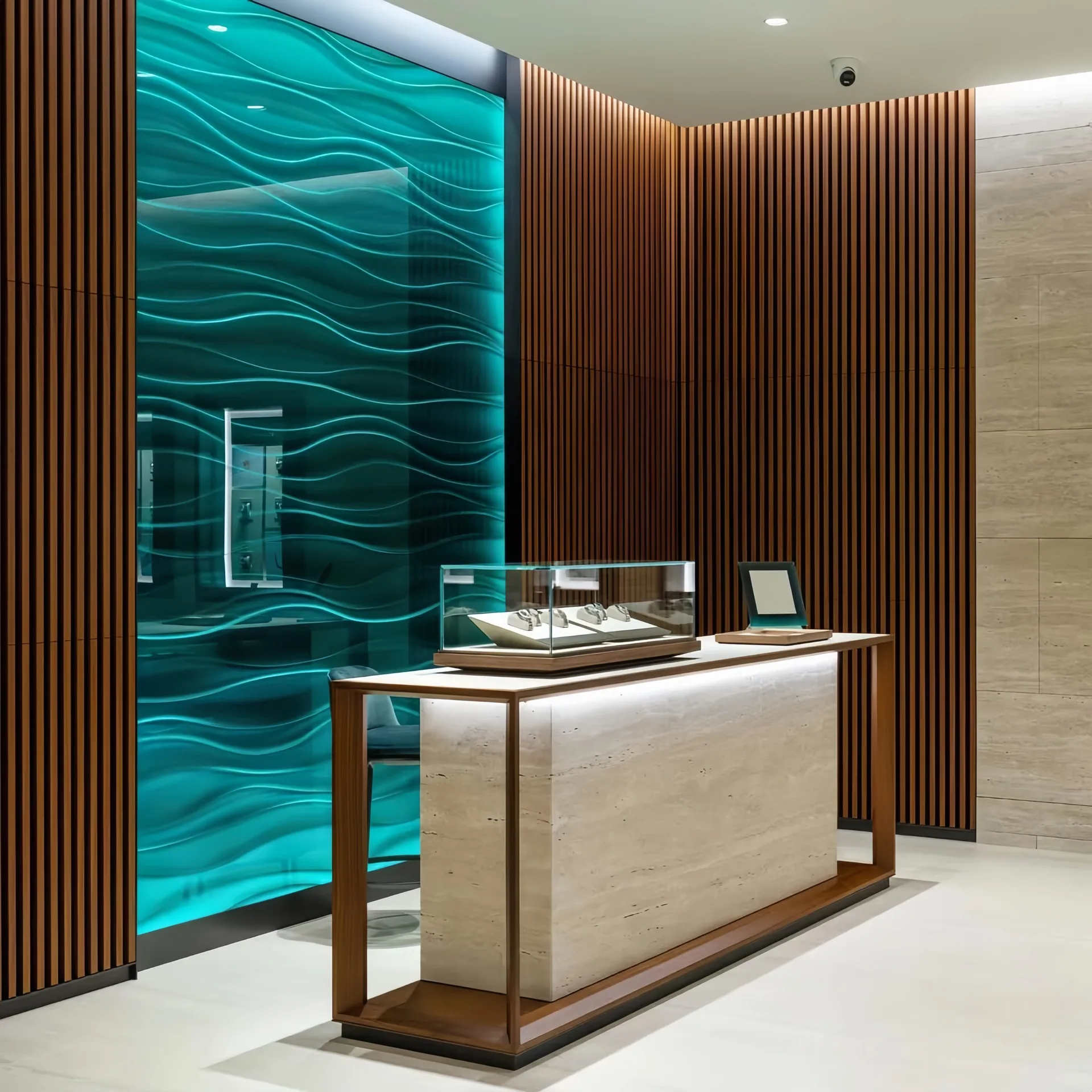 Luxury Jewelry Boutique Interior Design | Custom Wood Paneled Showroom with Statement Chandelier — view 3