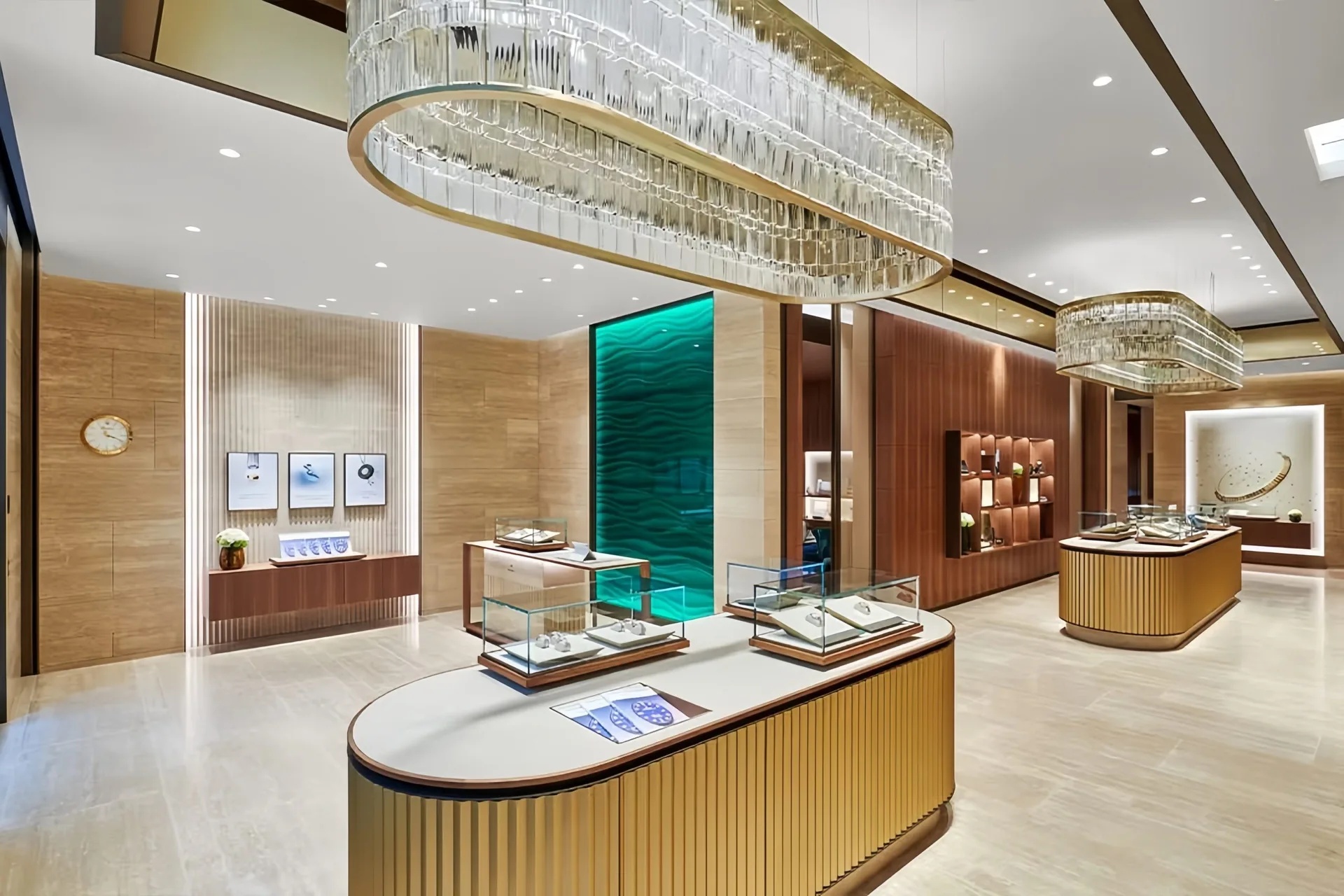 Luxury Jewelry Boutique Interior Design | Custom Wood Paneled Showroom with Statement Chandelier — view 8