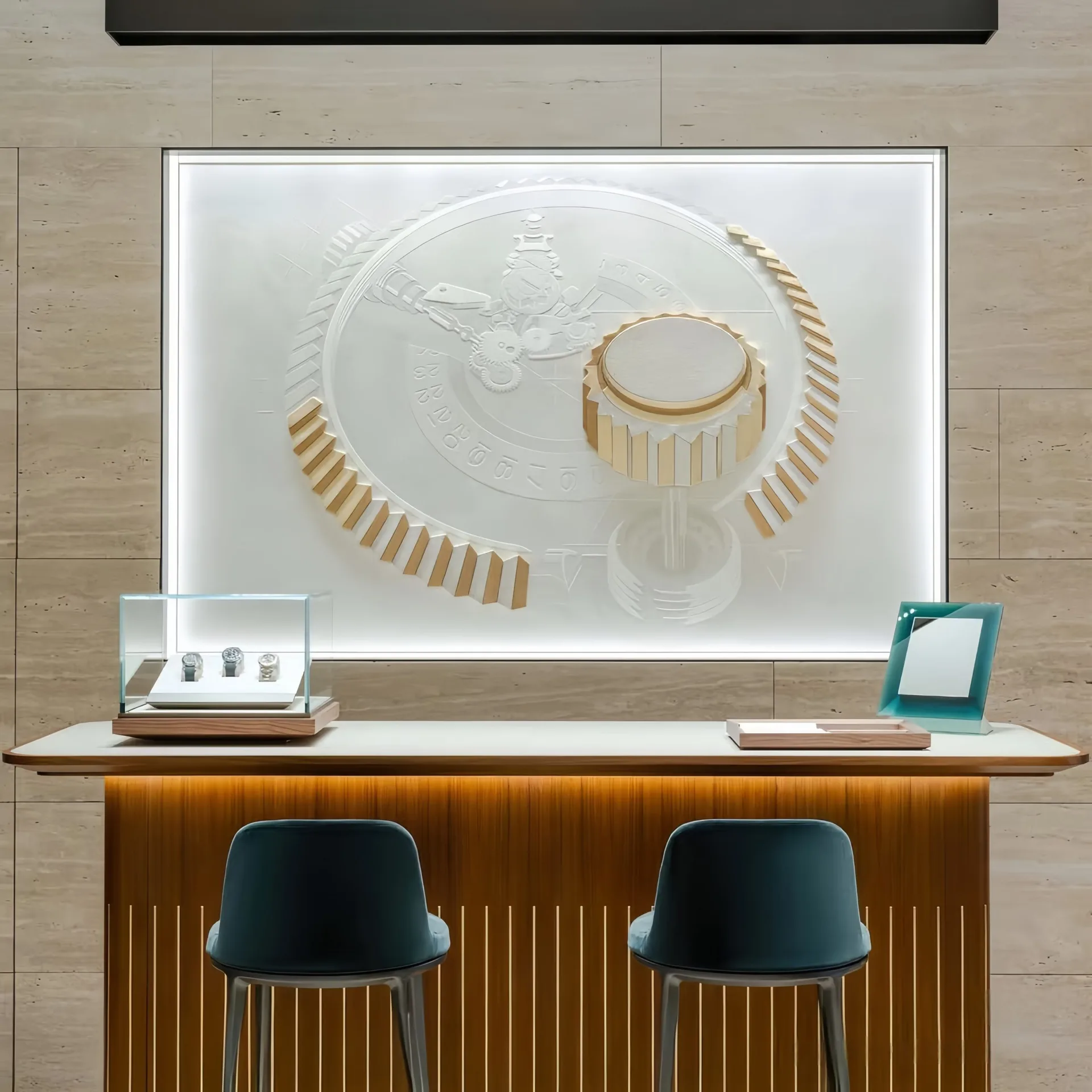 Luxury Jewelry Boutique Interior Design | Custom Wood Paneled Showroom with Statement Chandelier — view 6