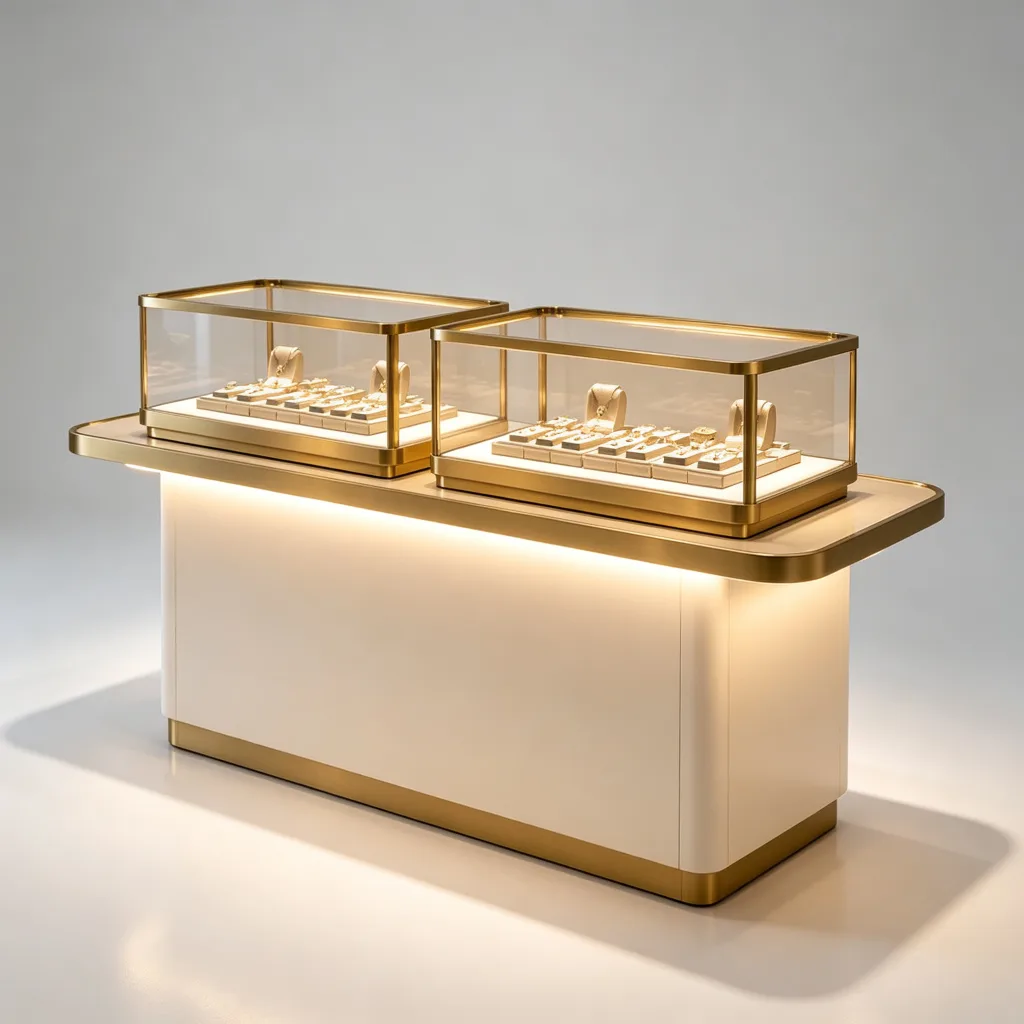 Luxury Jewelry Island Showcase with LED Lighting White Base Gold Frame — view 2