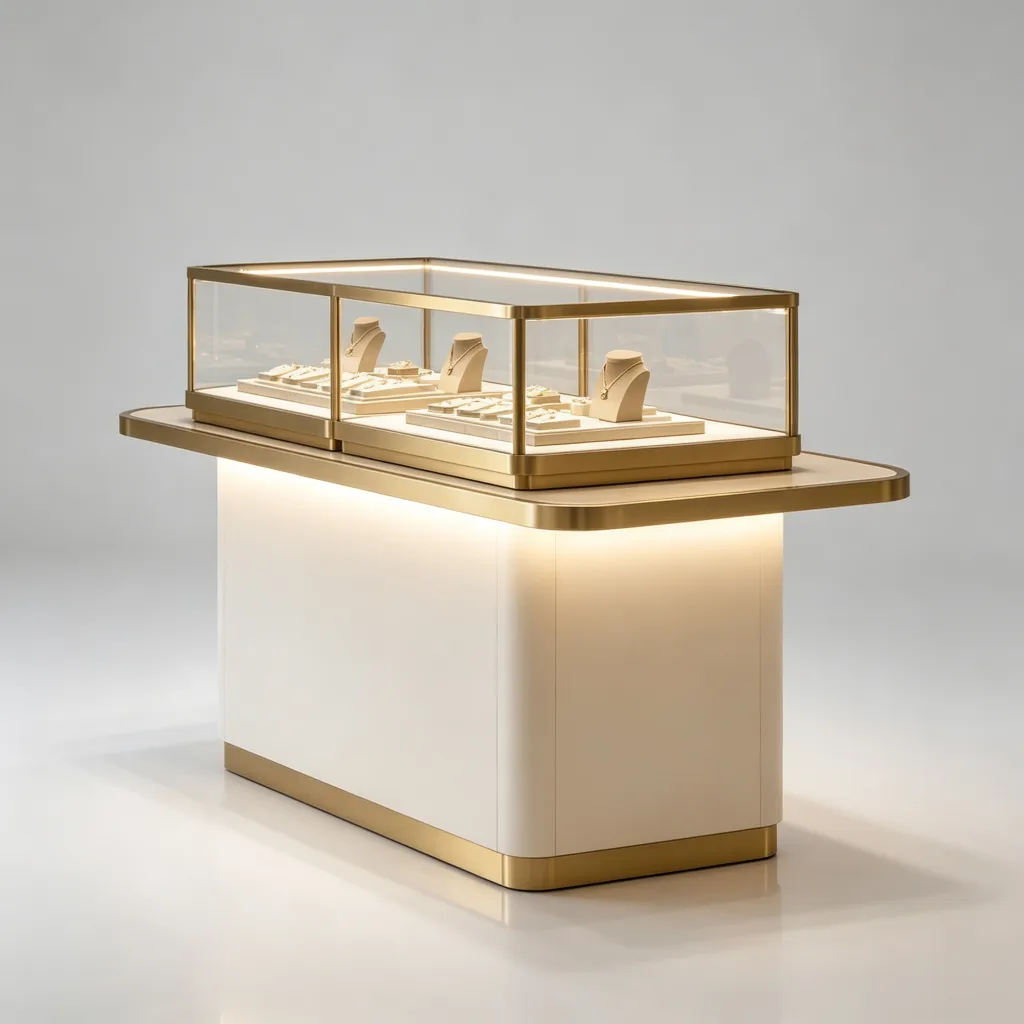 Luxury Jewelry Island Showcase with LED Lighting White Base Gold Frame — view 3