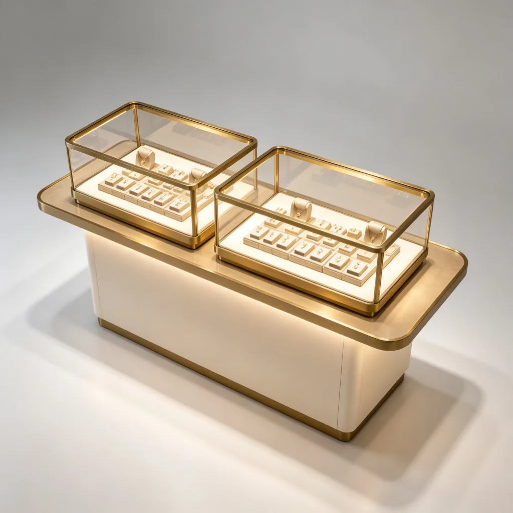 Luxury Jewelry Island Showcase with LED Lighting White Base Gold Frame — view 4