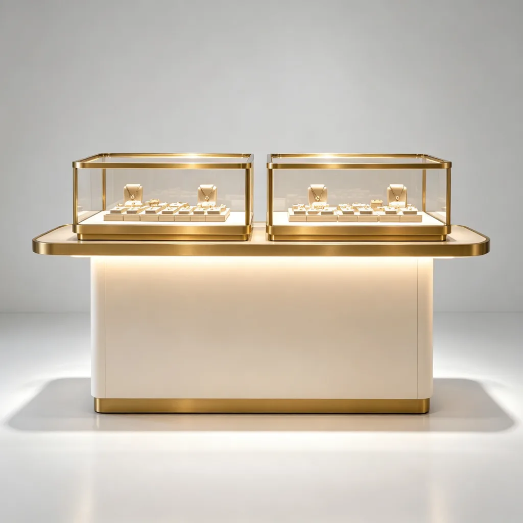 Luxury Jewelry Island Showcase with LED Lighting White Base Gold Frame