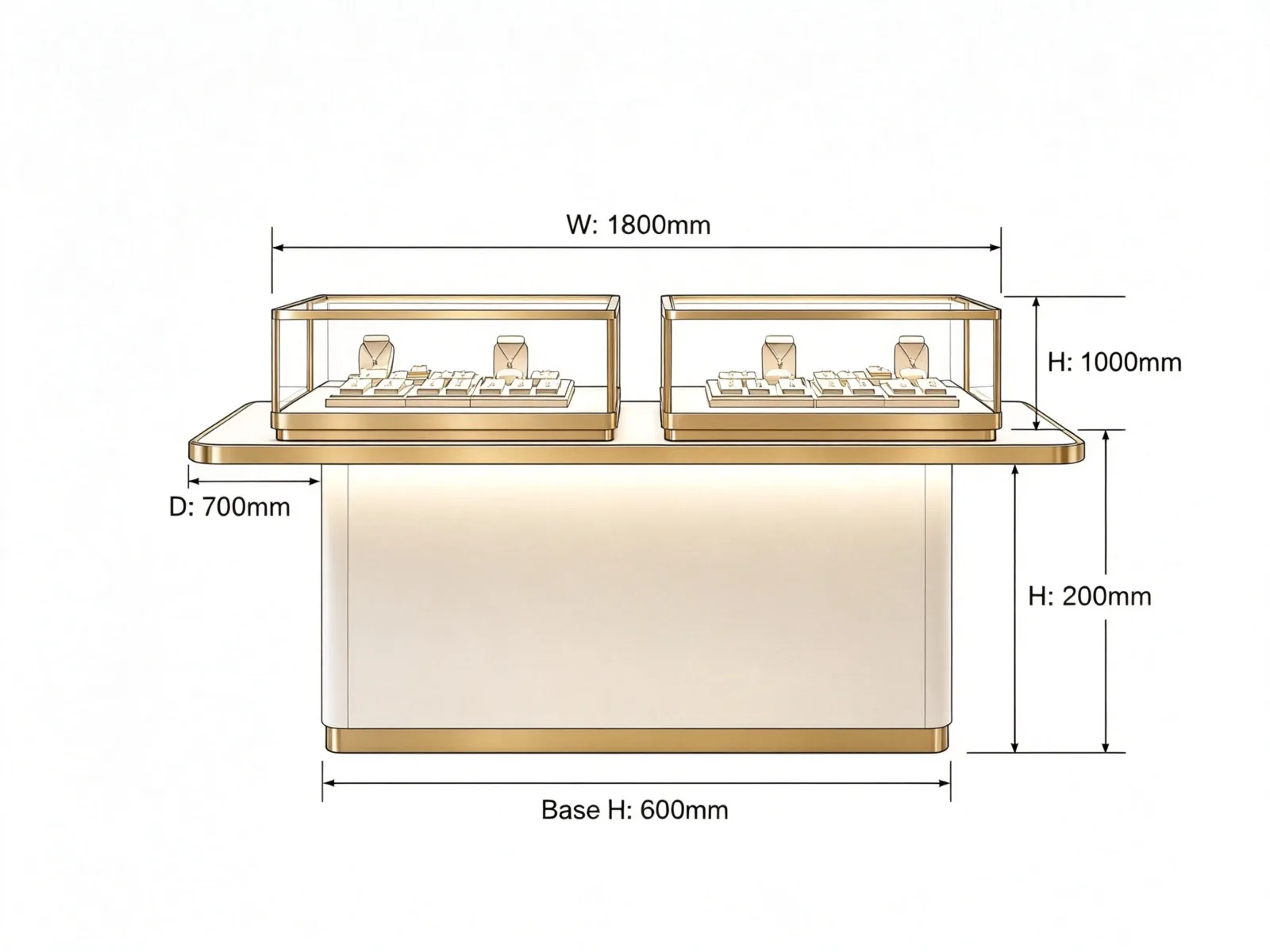 Luxury Jewelry Island Showcase with LED Lighting White Base Gold Frame — product detail 1