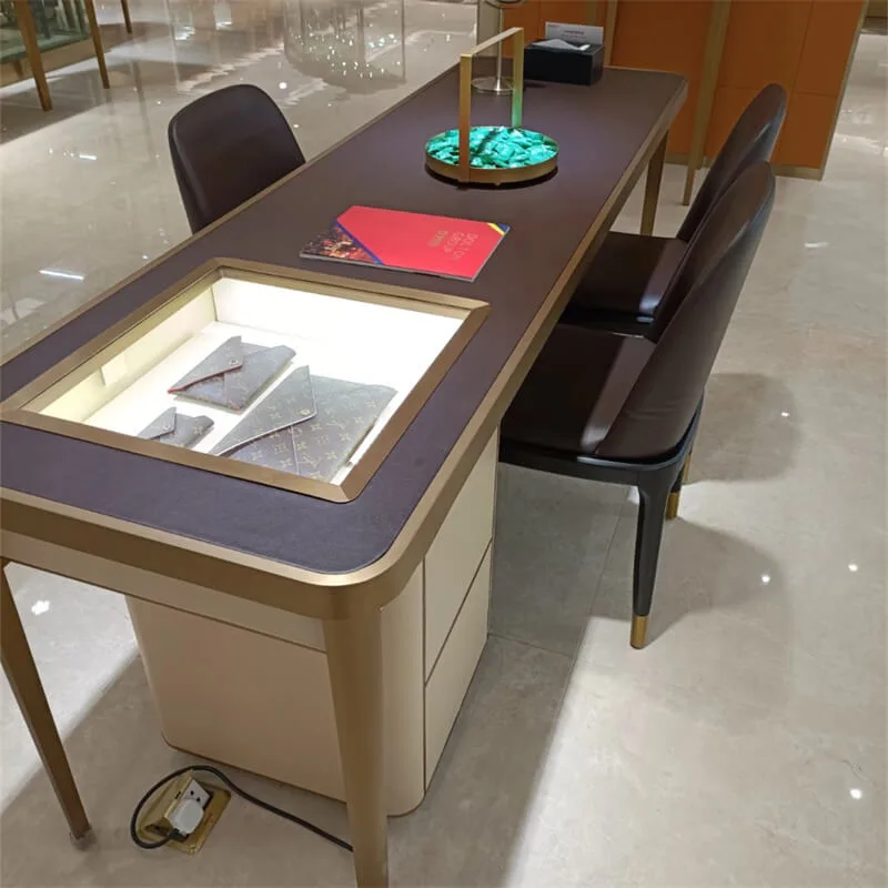 Luxury Jewelry Reception Desk | Custom MDF Reception Counter with LED Lighting & Gold-Plated Trim for Jewelry Shop Consultation — view 3