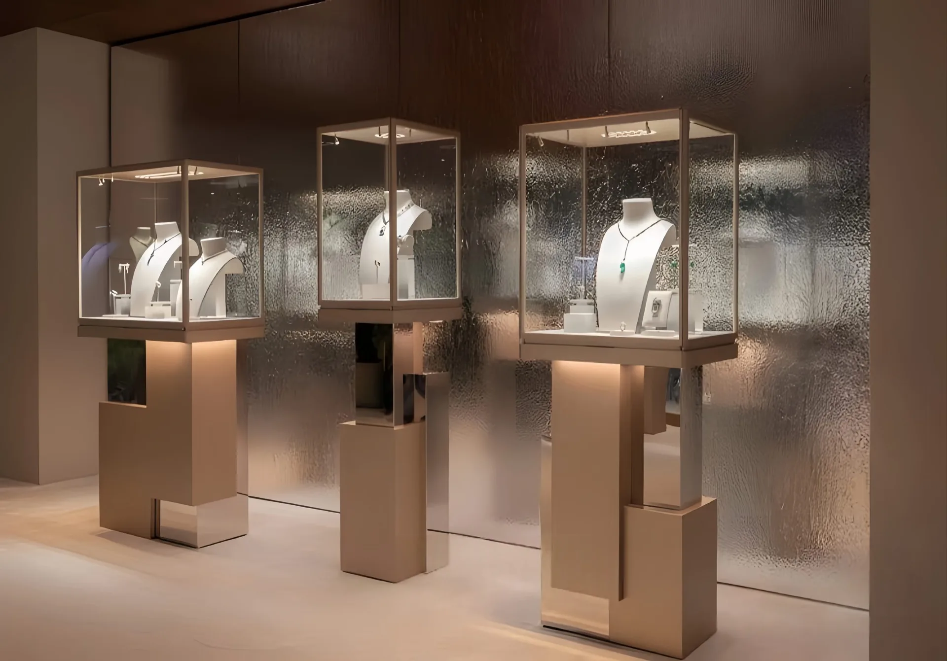 Luxury Jewelry Tower Display Showcase, Champagne Gold Pedestal Glass Display Cabinet For High‑end Jewelry Boutique — view 6