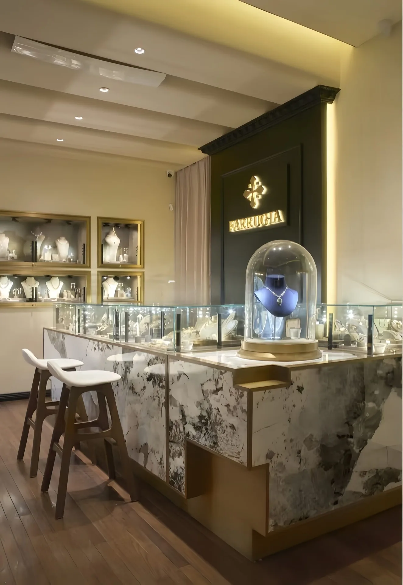 Luxury Marble Pattern Glass Jewelry Display Counter Custom Jewellery Shop Interior Design