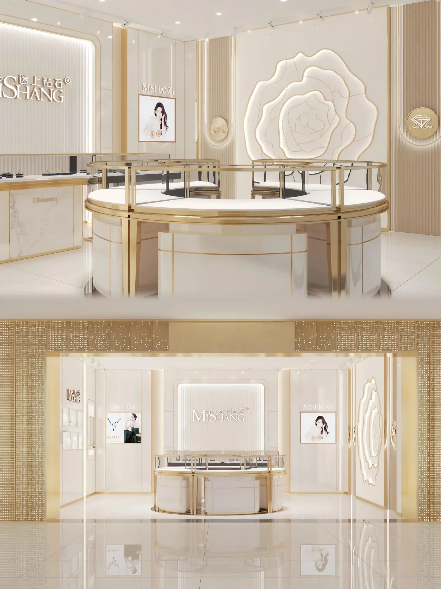 Luxury Retail Store Display Solution | Curved Glass Counters with Illuminated Brand Wall