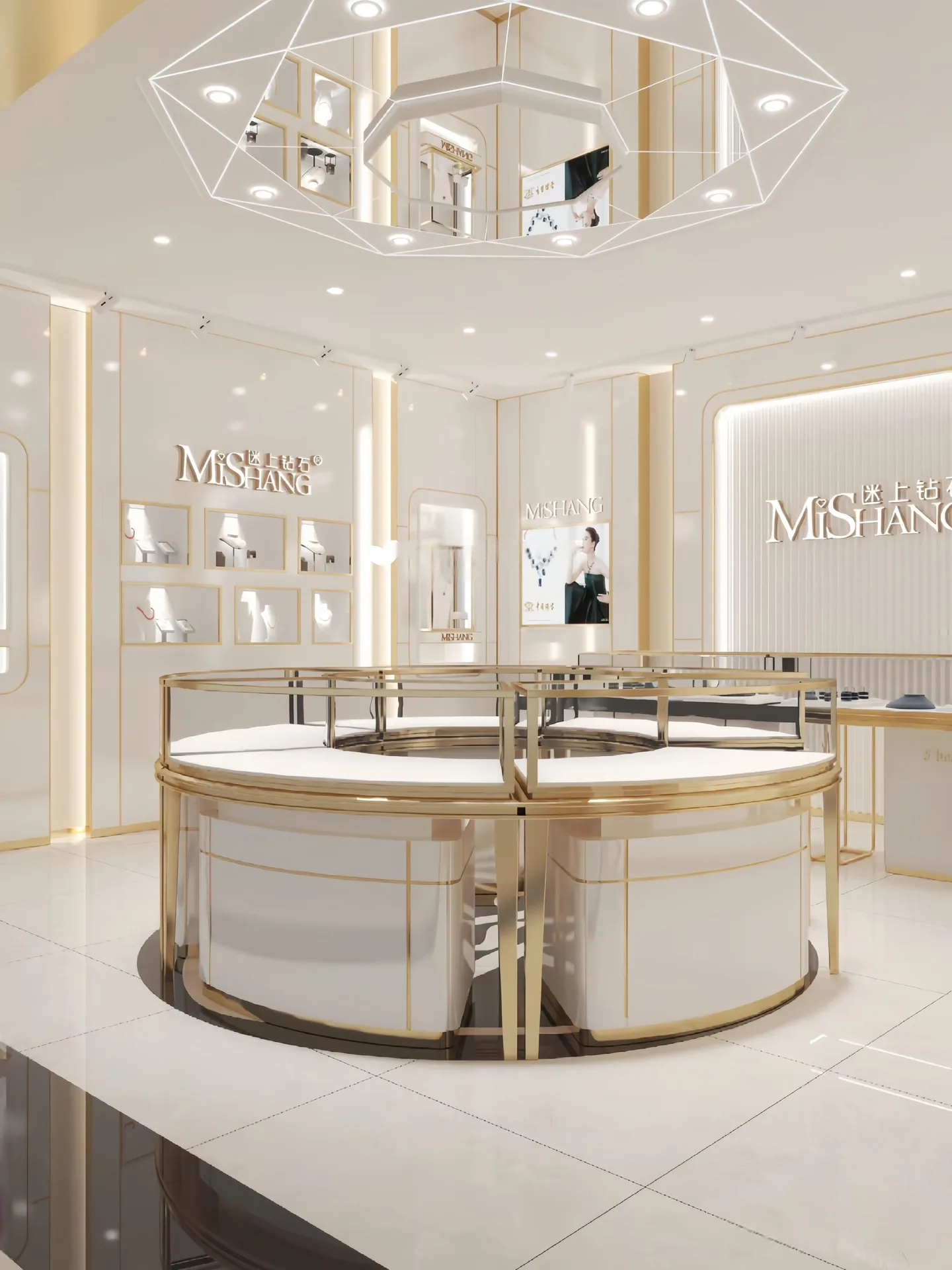 Luxury Retail Store Display Solution | Curved Glass Counters with Illuminated Brand Wall — view 3