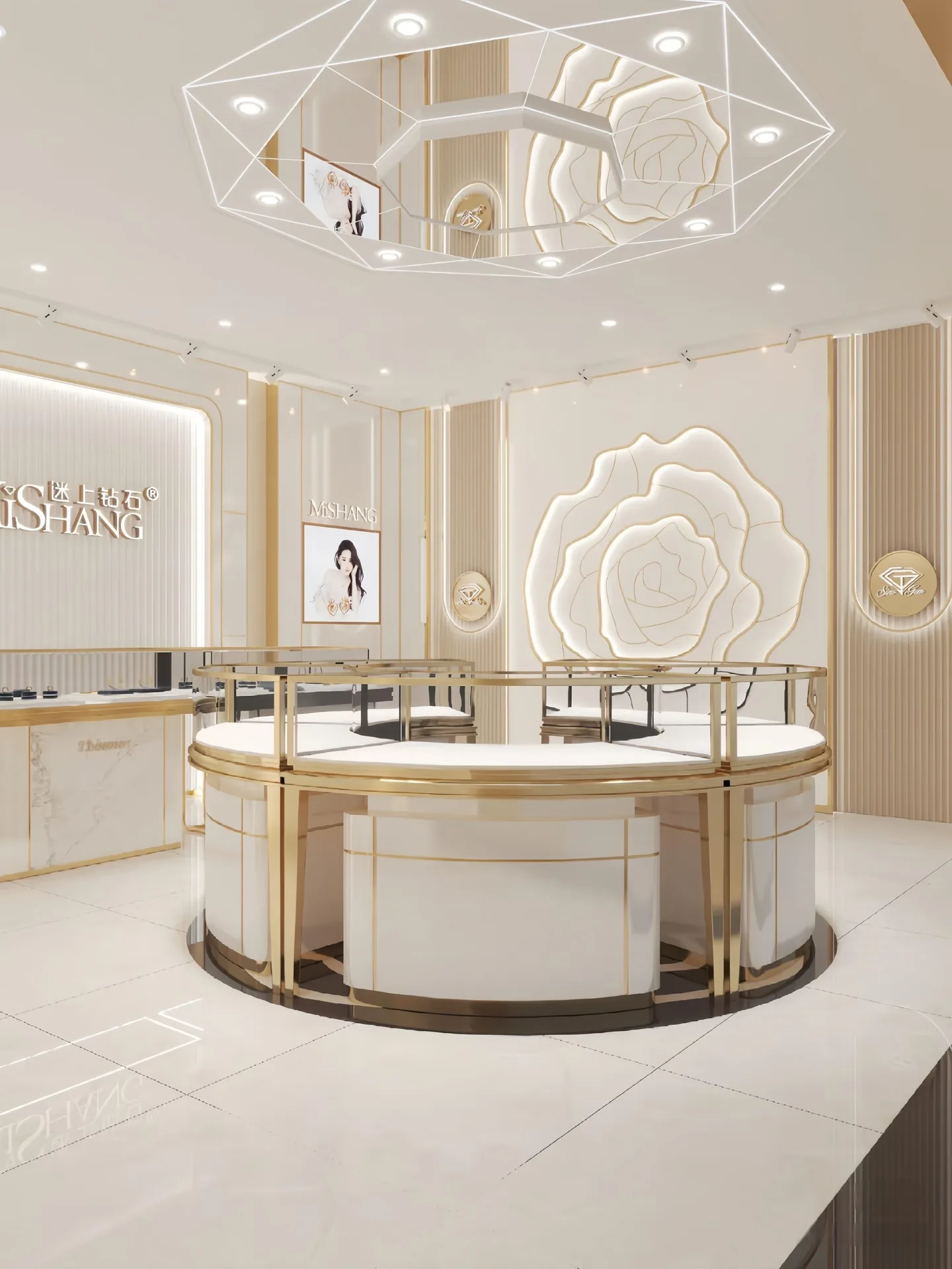 Luxury Retail Store Display Solution | Curved Glass Counters with Illuminated Brand Wall — view 2