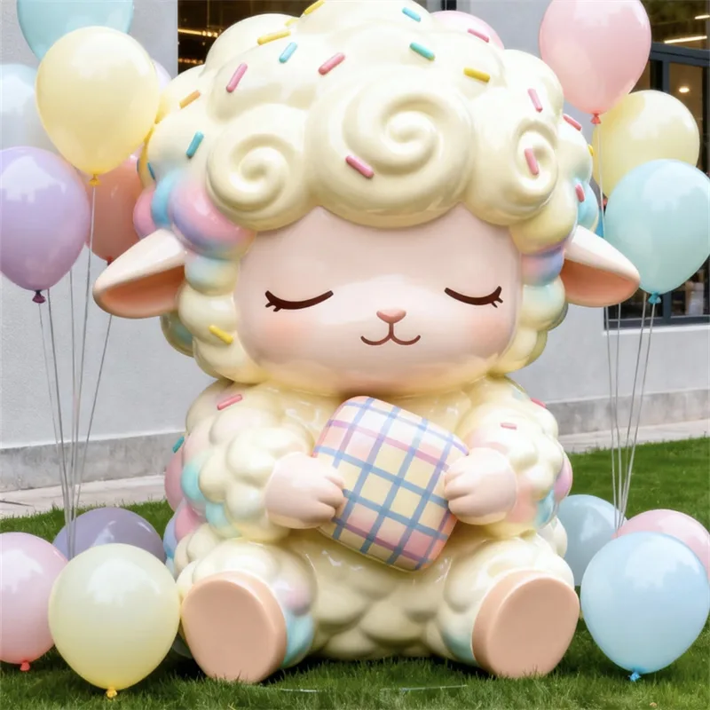 Macaron Color Lamb Fiberglass Sculpture, Outdoor Lawn Instagram-Worthy Display, Mall & Amusement Park Holiday Decoration
