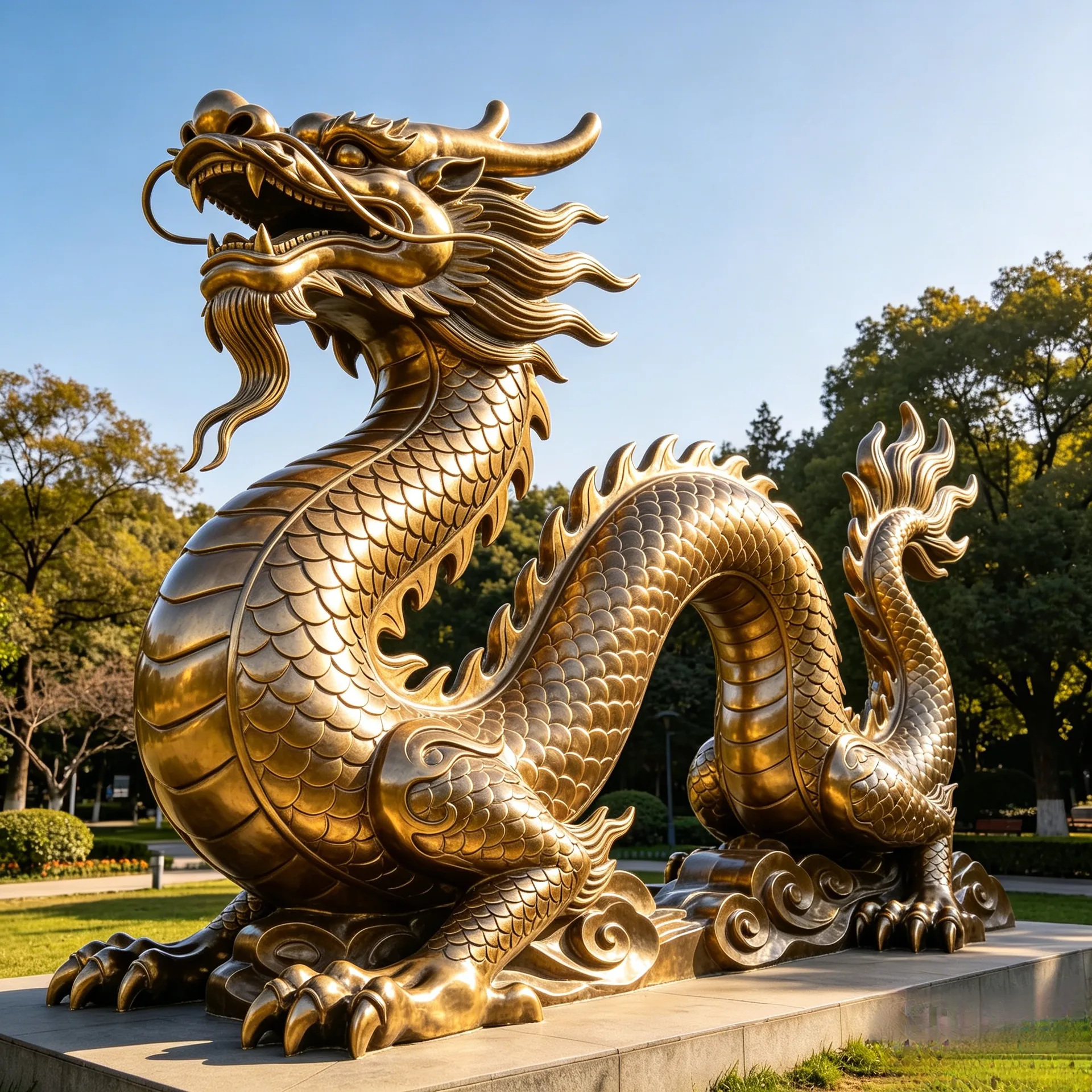 Majestic Golden Chinese Dragon Fiberglass Sculpture for Outdoor Garden & Public Plaza Decoration