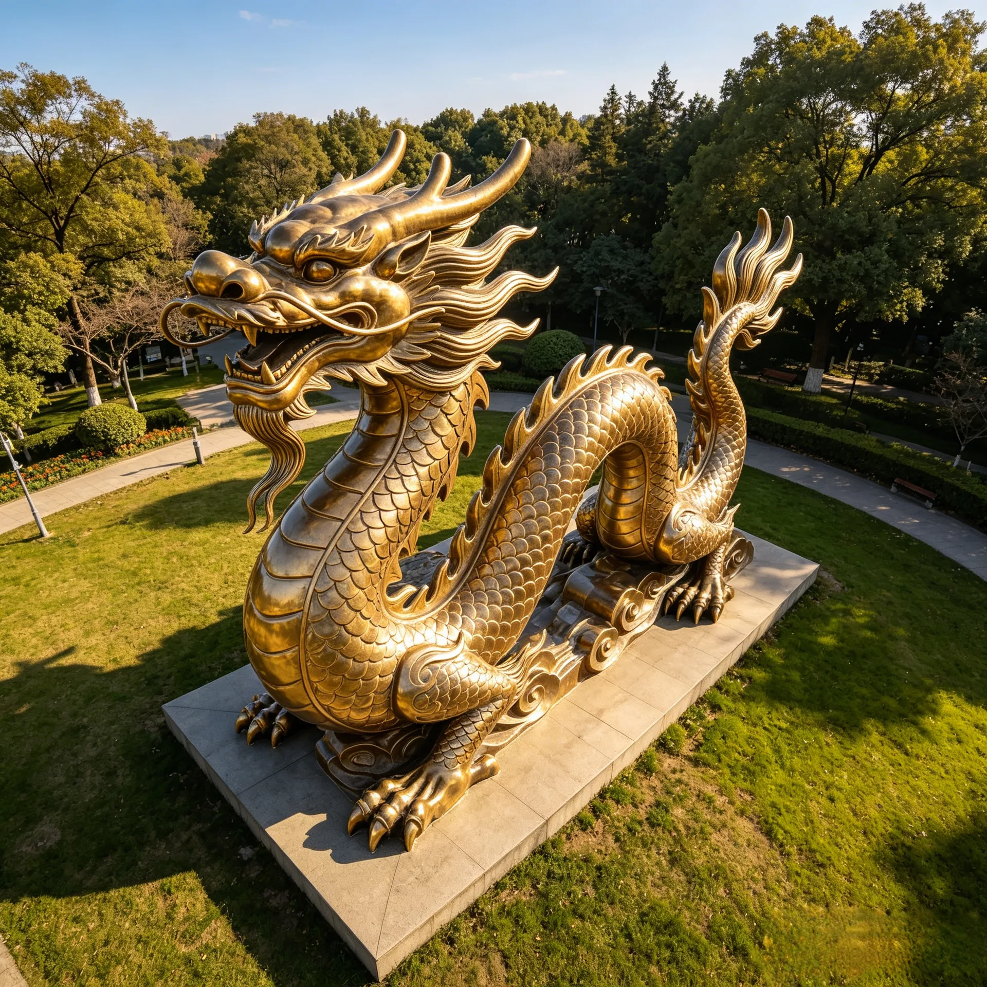 Majestic Golden Chinese Dragon Fiberglass Sculpture for Outdoor Garden & Public Plaza Decoration — view 3