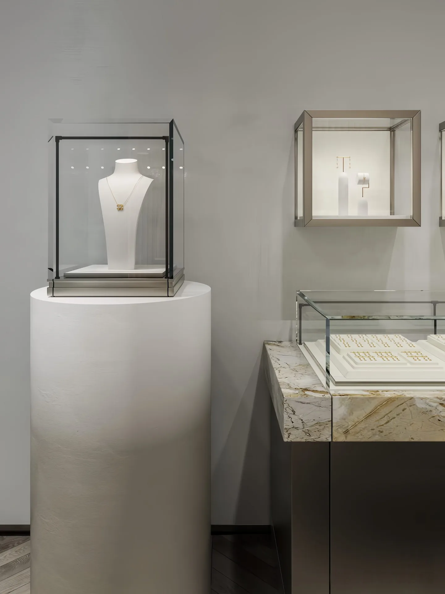 Marble Top Jewelry Display Counter, Wall Recessed Glass Niches For Modern Jewellery Boutique — view 3