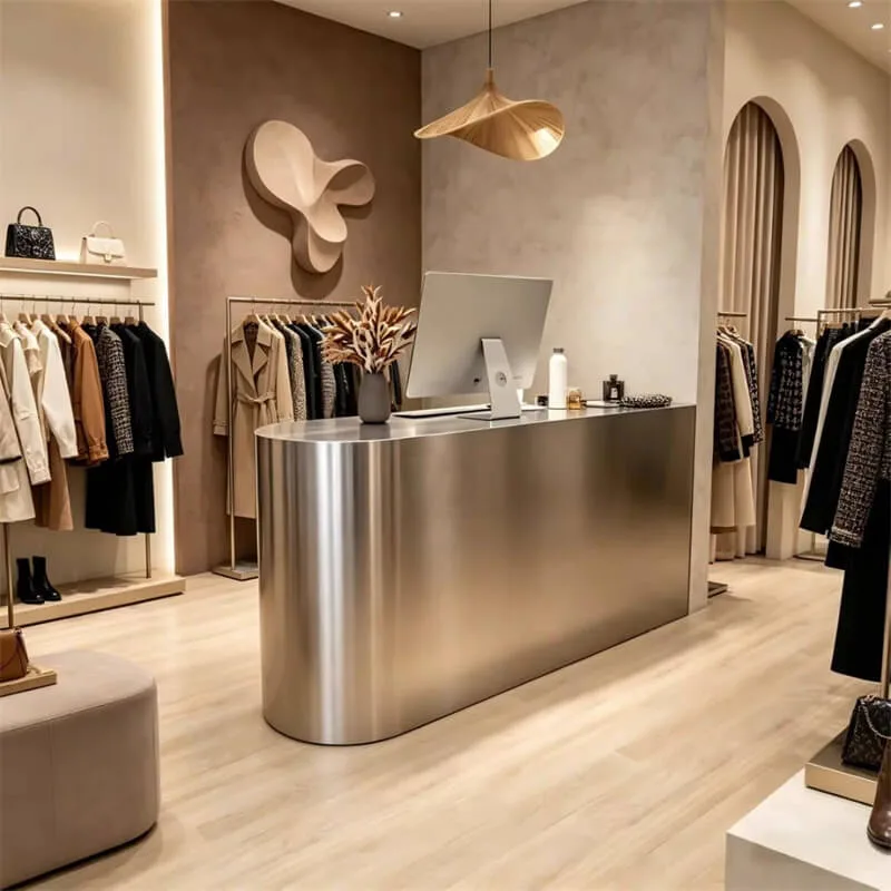 Matte Brushed Stainless Steel Curved Reception Desk Minimal Luxury Checkout Reception Desk For Custom Clothing Retail Store — view 4