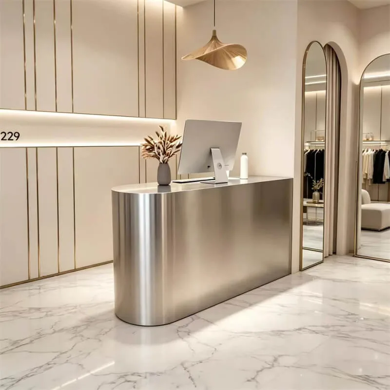 Matte Brushed Stainless Steel Curved Reception Desk Minimal Luxury Checkout Reception Desk For Custom Clothing Retail Store — view 3