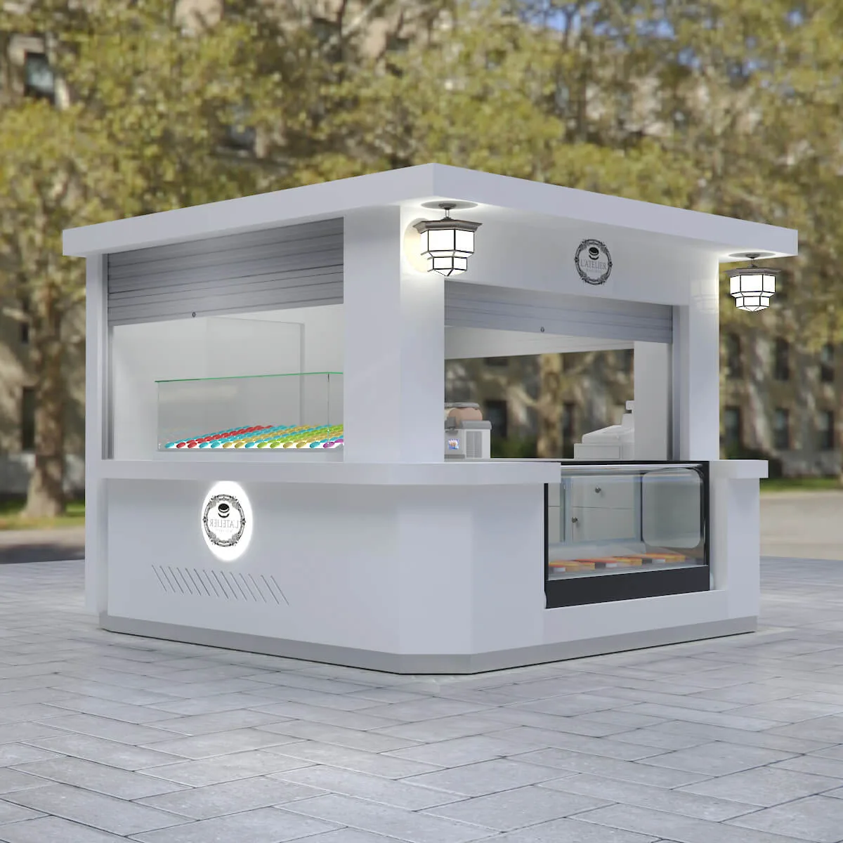 Matte White Dessert Kiosk – Compact 2.4×2.4m, Weather-Resistant & Fully Equipped for Your Sweet Business
