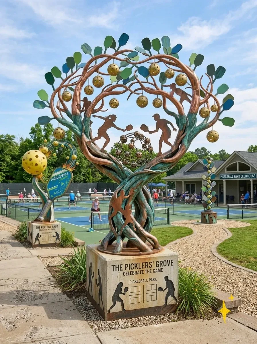 Metal FRP Giant Pickleball Paddle & Ball Sculpture for Sports Park Court Landscape Decor — view 2