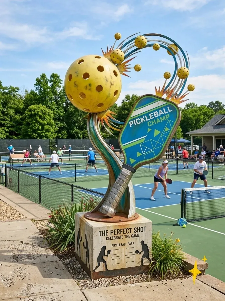 Metal FRP Giant Pickleball Paddle & Ball Sculpture for Sports Park Court Landscape Decor