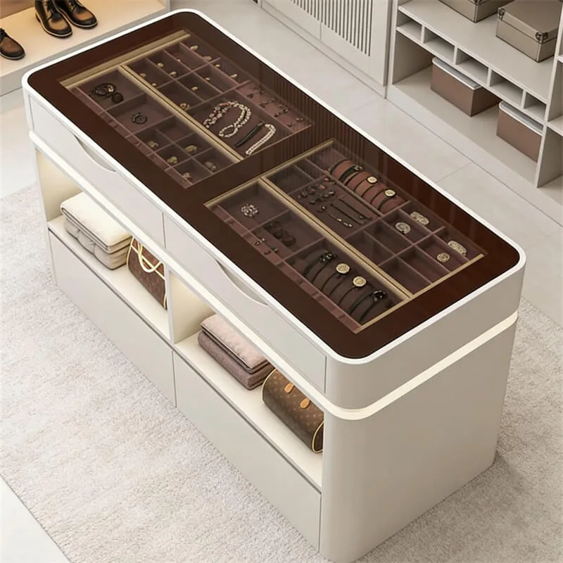 Minimalist Glass-Top Jewelry Display Cabinet | MDF with Baking Paint & LED Light for Closet, Watch & Jewelry Storage Island — view 3