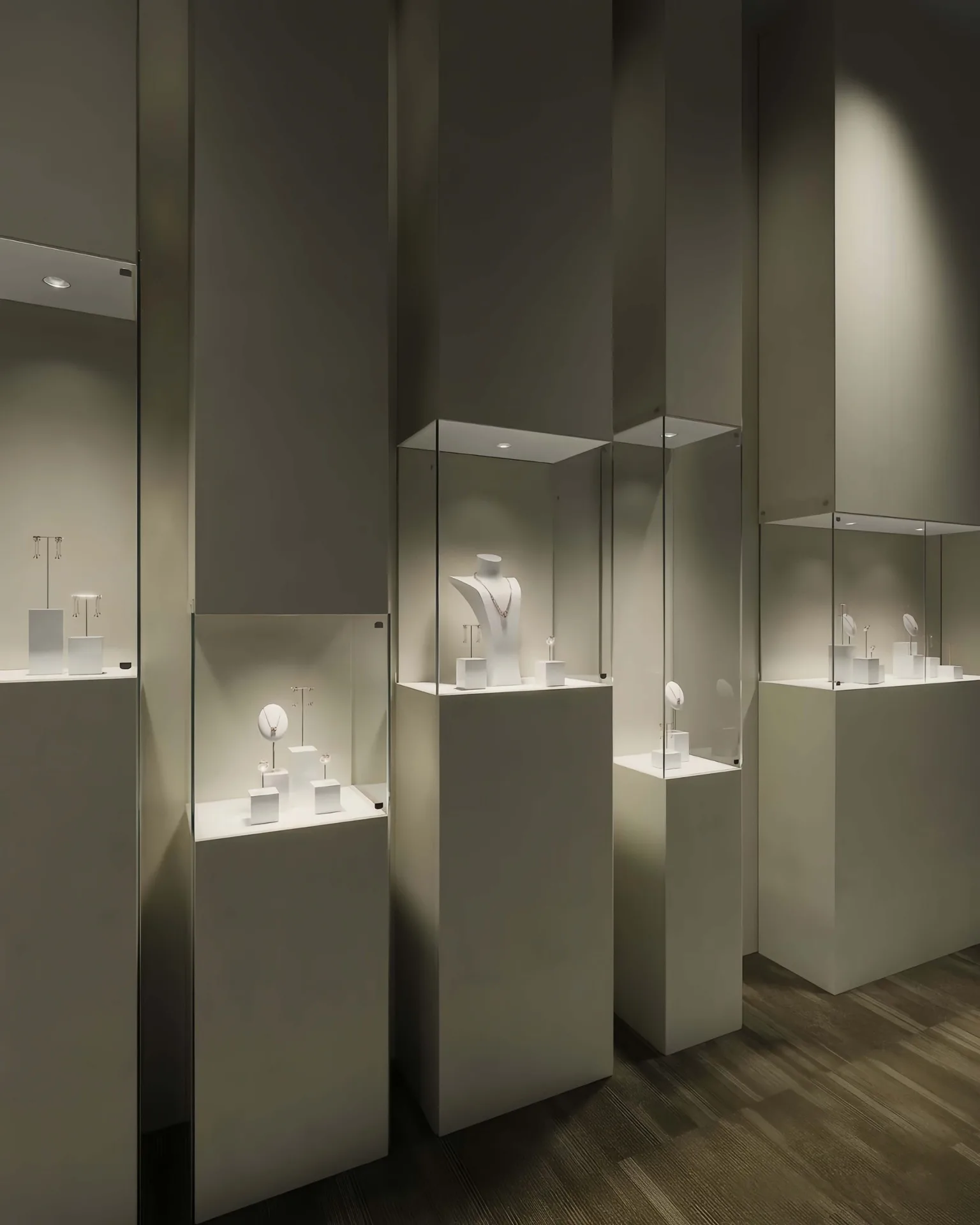 Minimalist Luxury Vertical Jewelry Cabinet: Matte Off-White, Ultra-Clear Glass, Adjustable LED Lighting, Modular & Lockable Display — view 4