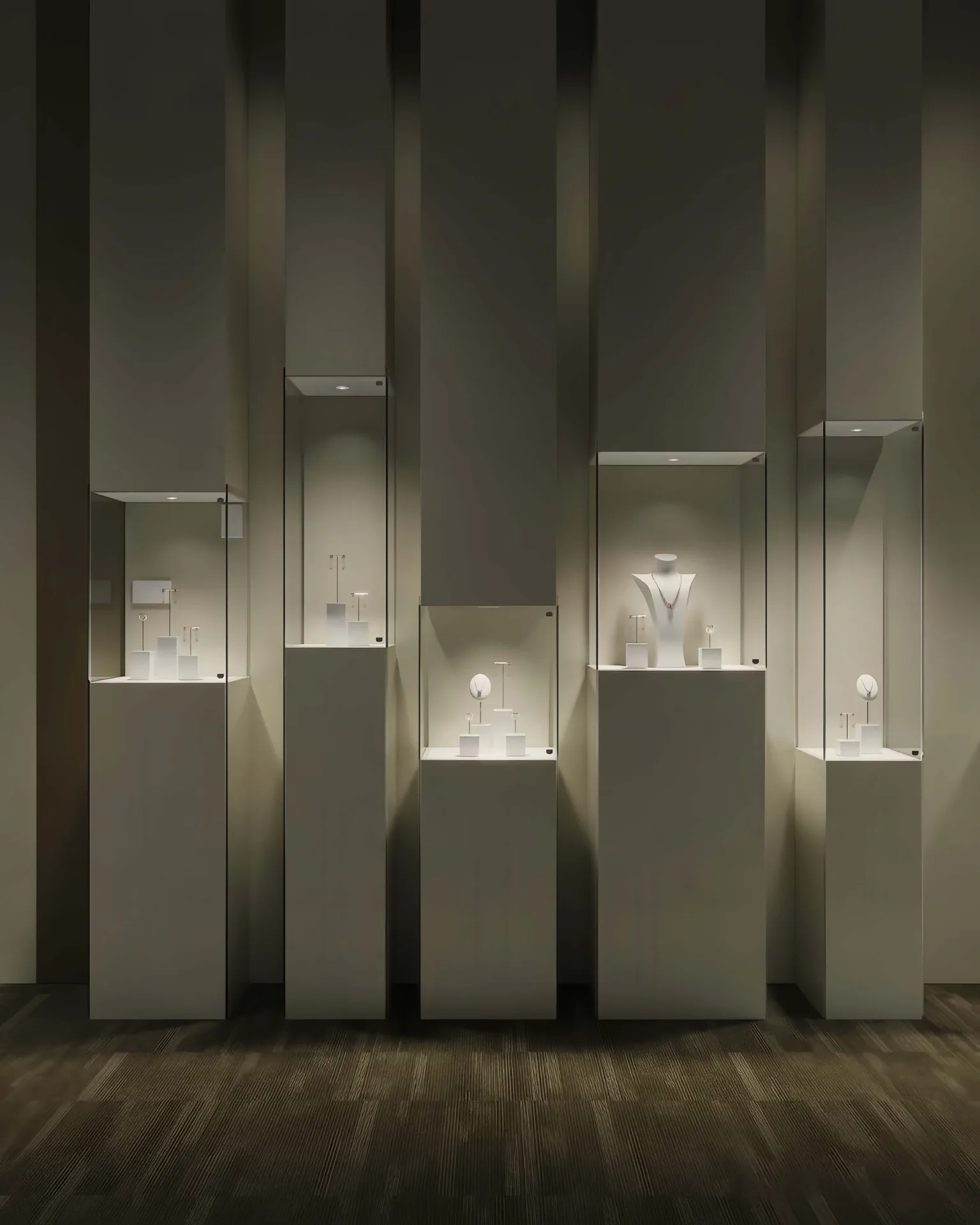 Minimalist Luxury Vertical Jewelry Cabinet: Matte Off-White, Ultra-Clear Glass, Adjustable LED Lighting, Modular & Lockable Display