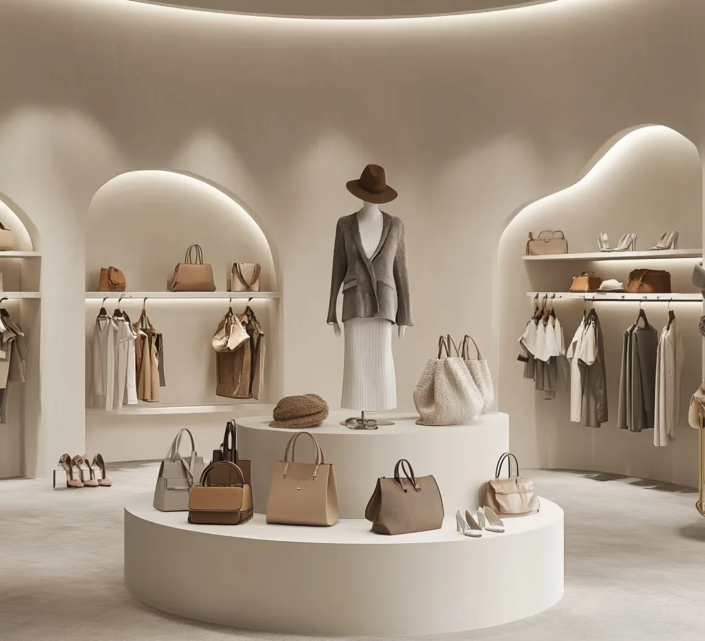 Minimalist White Fashion Display Cabinet – Curved Retail Island — view 3