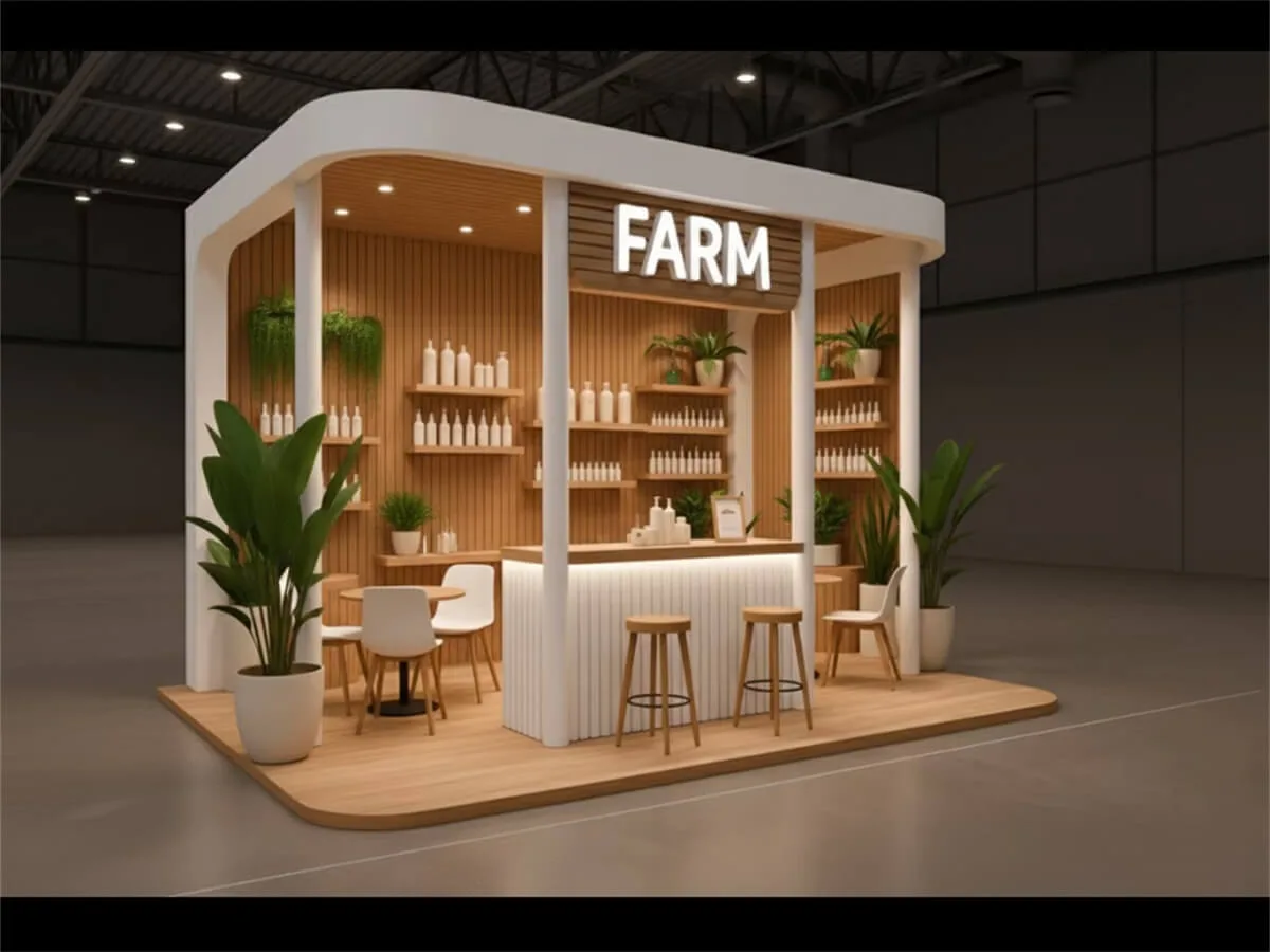 Minimalist Wooden Cosmetic Display Kiosk, Custom Cosmetic Product Display Booth for Mall Experience & Reception — view 3