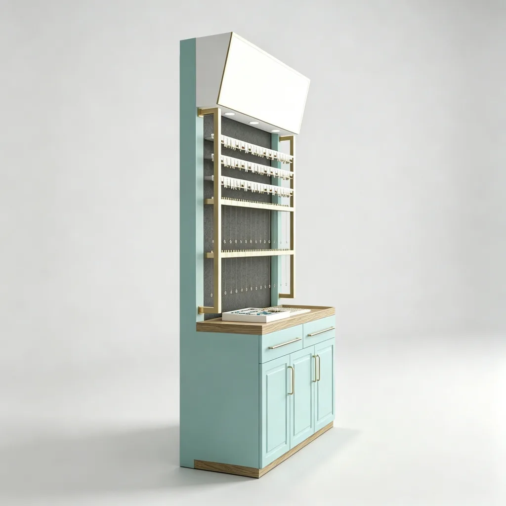 Mint Blue Earring Wall Display Cabinet Oak Counter Gold Hardware Lightbox — view 4