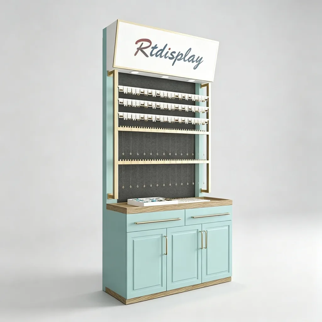 Mint Blue Earring Wall Display Cabinet Oak Counter Gold Hardware Lightbox