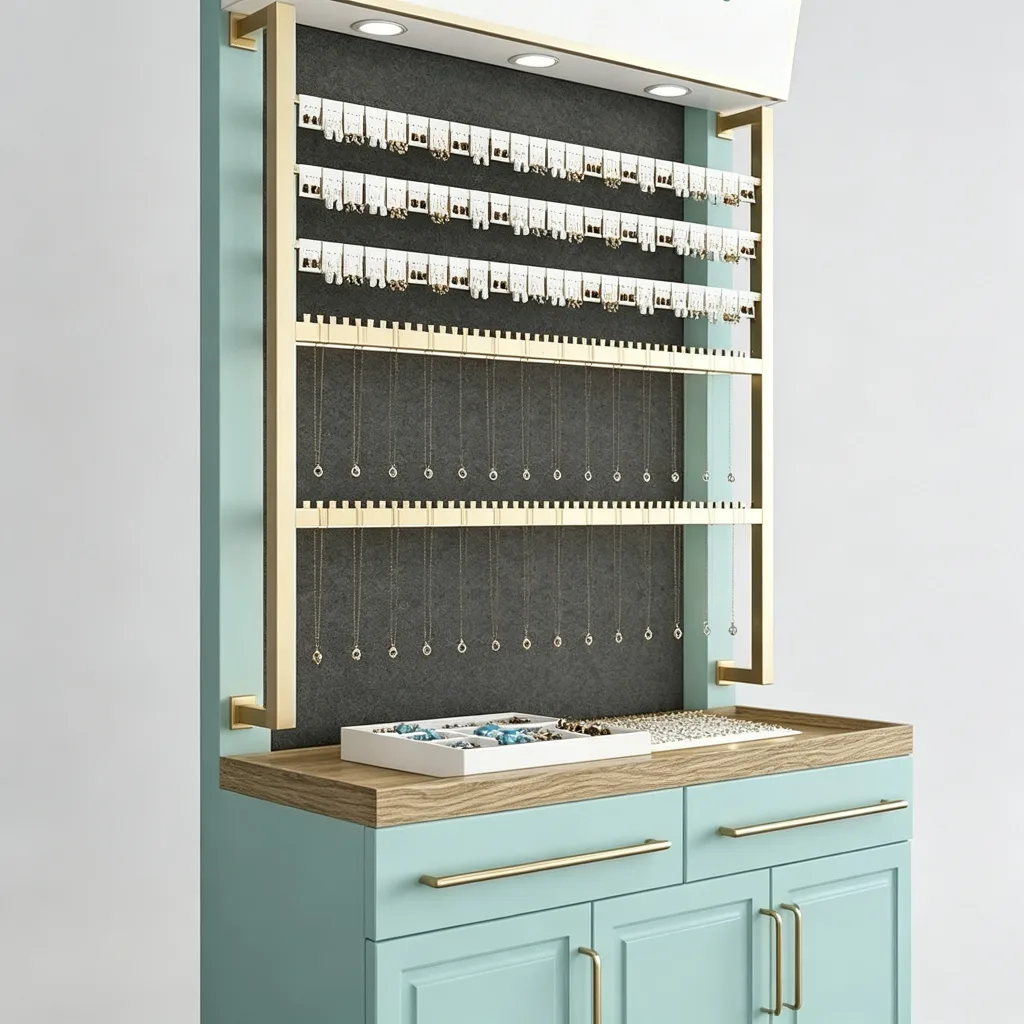Mint Blue Earring Wall Display Cabinet Oak Counter Gold Hardware Lightbox — view 3
