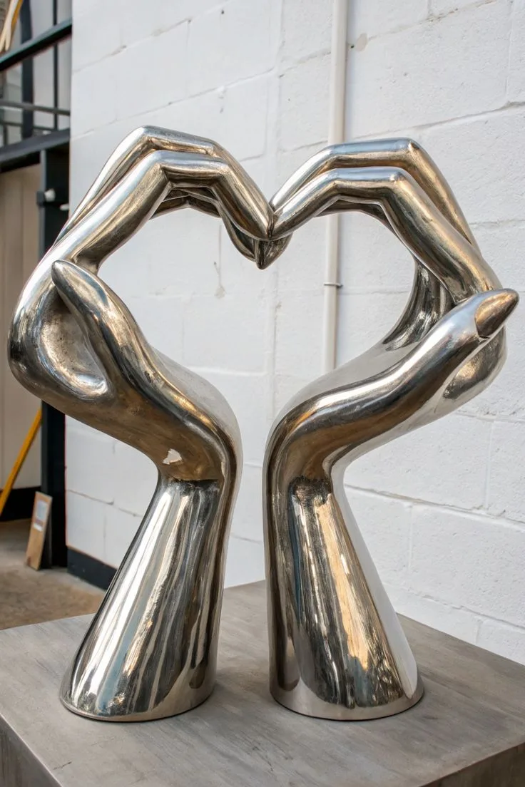 Mirror Silver FRP Heart Hand Sculpture for Gallery Wedding Hotel Lobby Decor