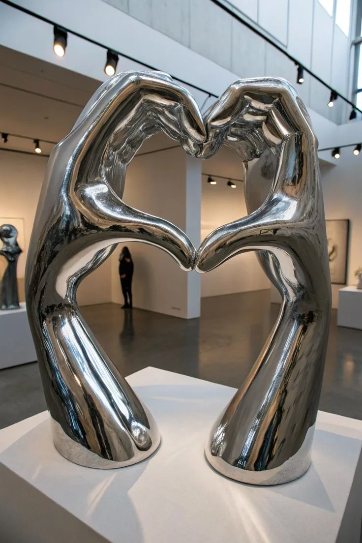 Mirror Silver FRP Heart Hand Sculpture for Gallery Wedding Hotel Lobby Decor — view 2
