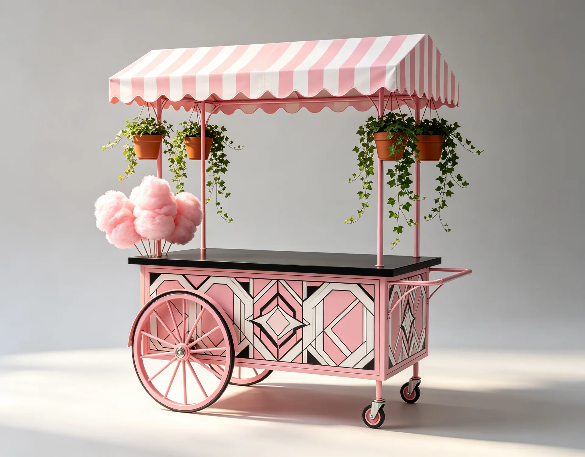Mobile Candy Cart with Wheels – Branded Sweet Booth with Striped Awning and Hanging Plants for Events