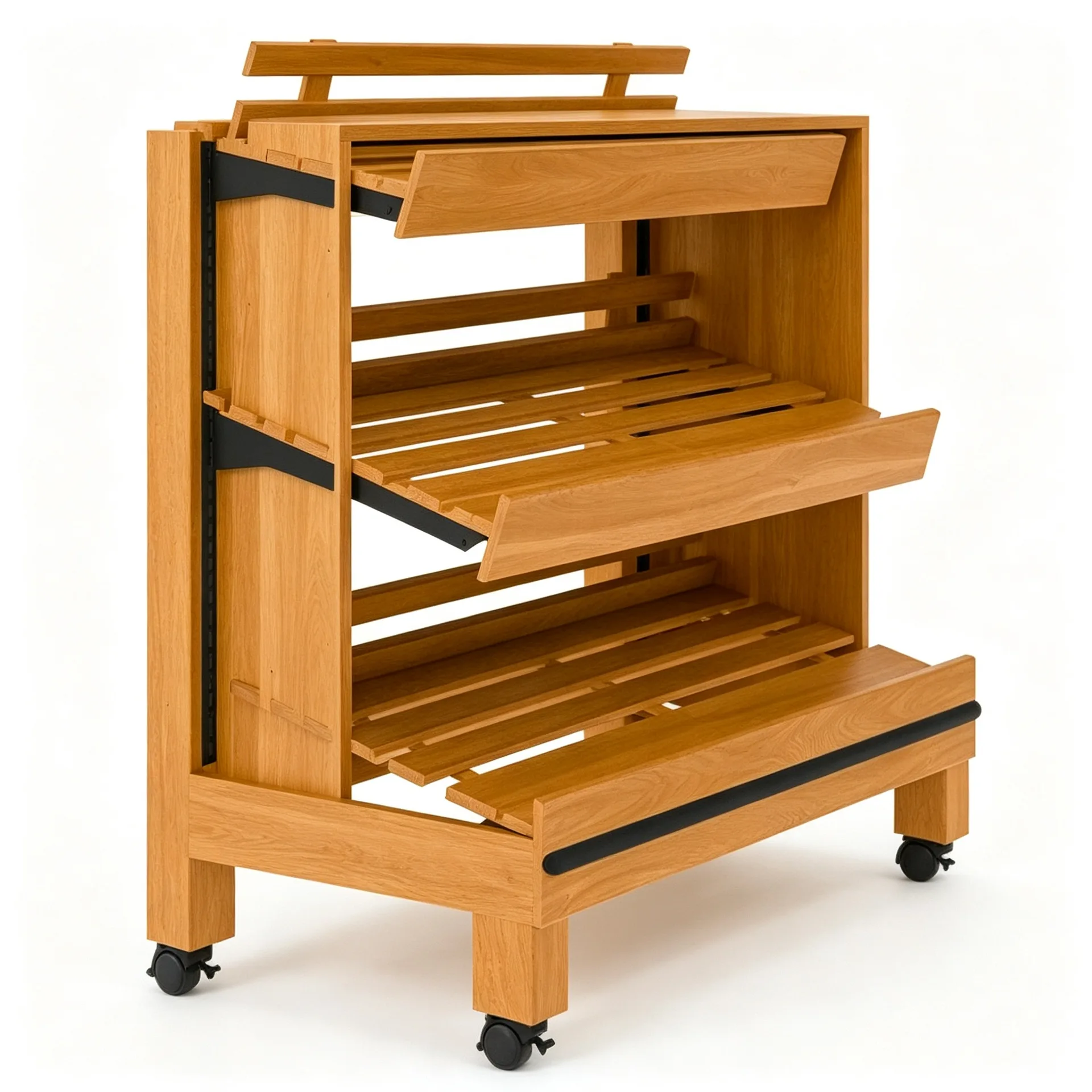 Mobile Wooden Bakery Bread Display Cart with Adjustable Tilt Shelves for Retail Bakery Shop — view 3