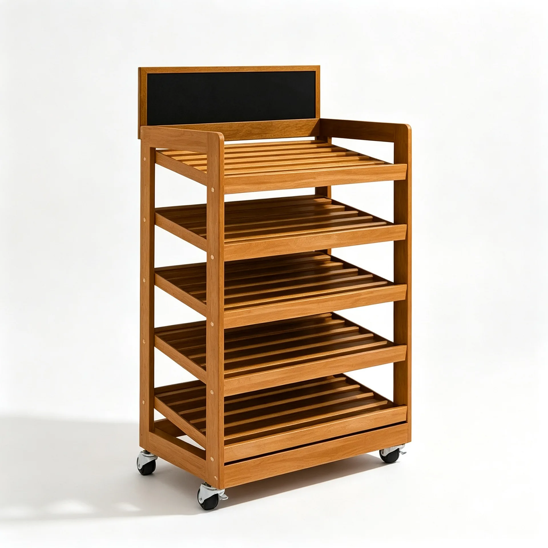 Mobile Wooden Produce Display Shelf for Bakery Fruit Shop — view 3