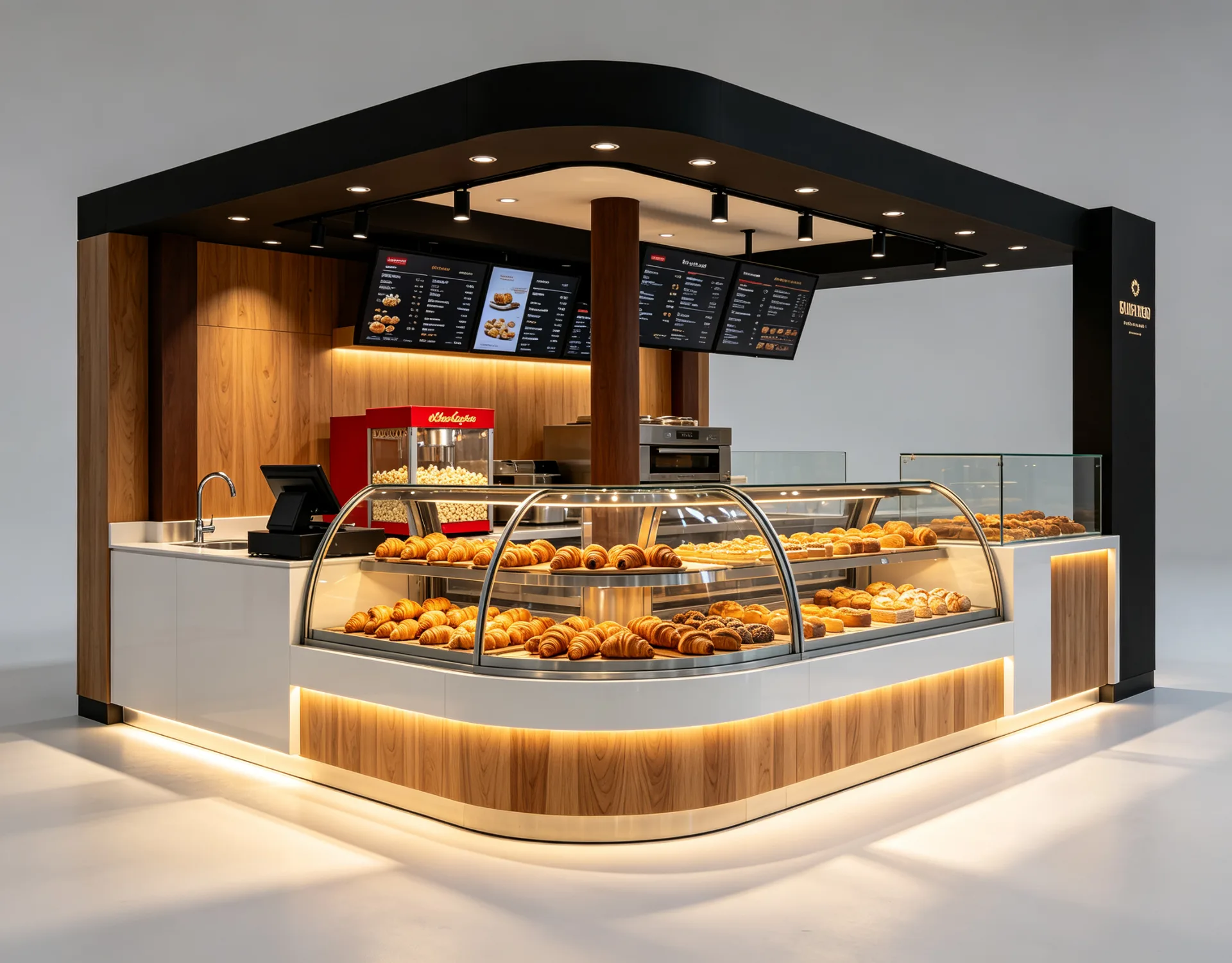 Modern Bakery Booth – Commercial Food Kiosk Counter with Glass Display Cases, Woodgrain Finish and LED Lighting for Malls — view 4