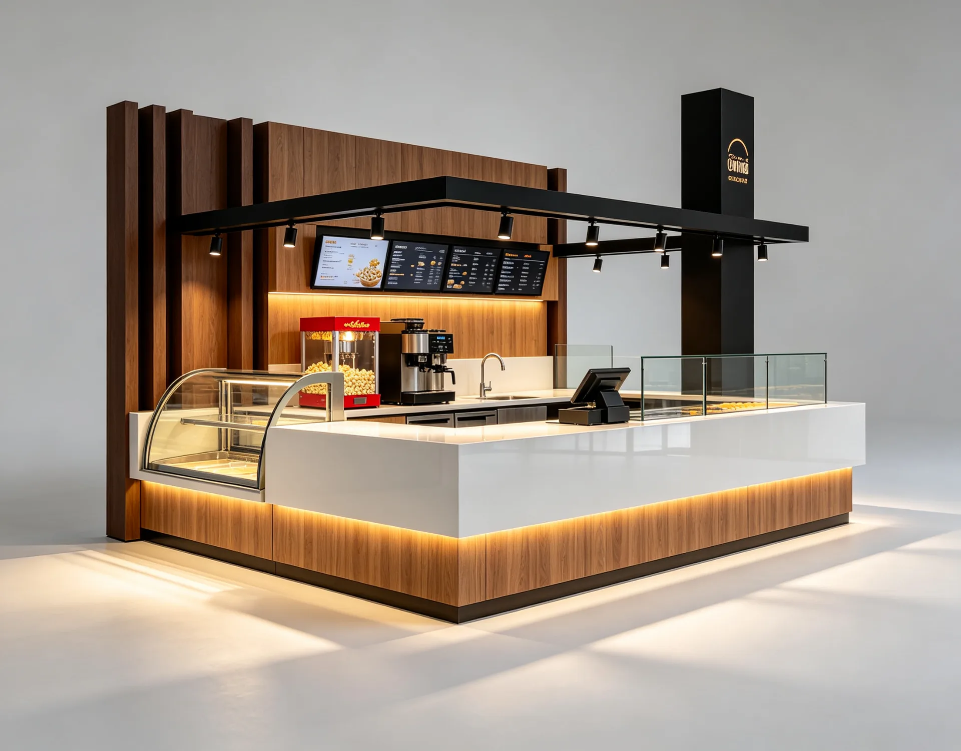Modern Bakery Booth – Commercial Food Kiosk Counter with Glass Display Cases, Woodgrain Finish and LED Lighting for Malls — view 3