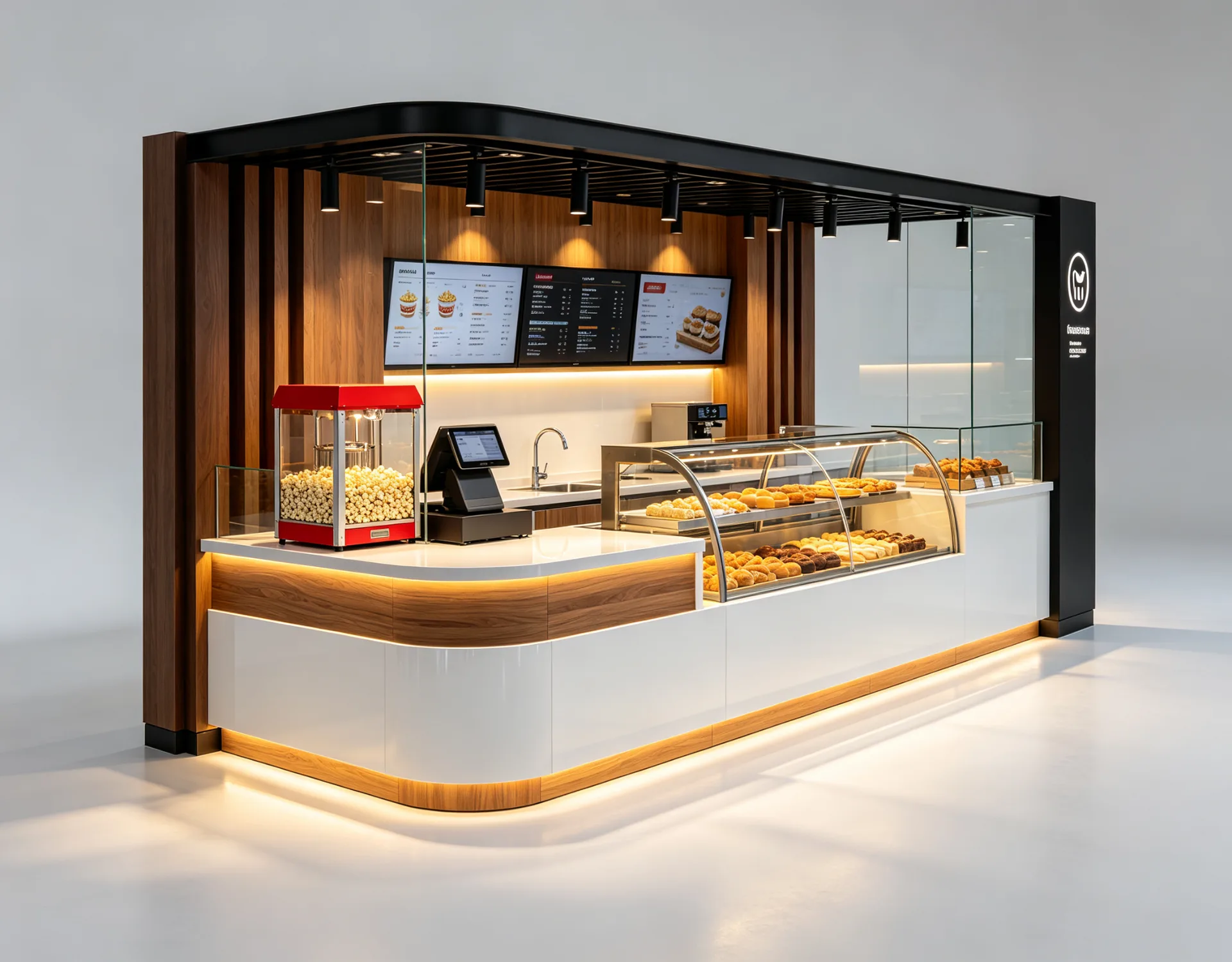 Modern Bakery Booth – Commercial Food Kiosk Counter with Glass Display Cases, Woodgrain Finish and LED Lighting for Malls — view 2
