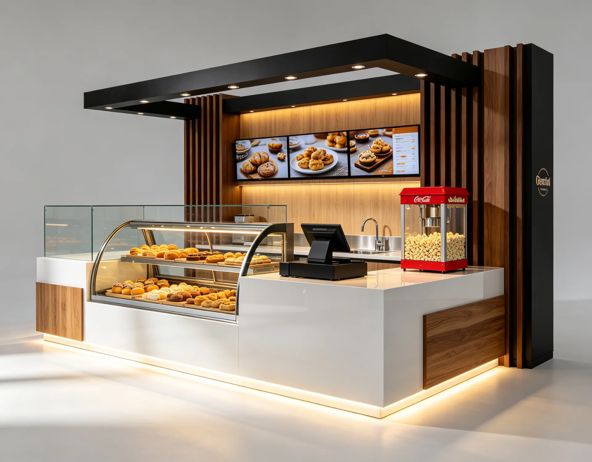 Modern Bakery Booth – Commercial Food Kiosk Counter with Glass Display Cases, Woodgrain Finish and LED Lighting for Malls