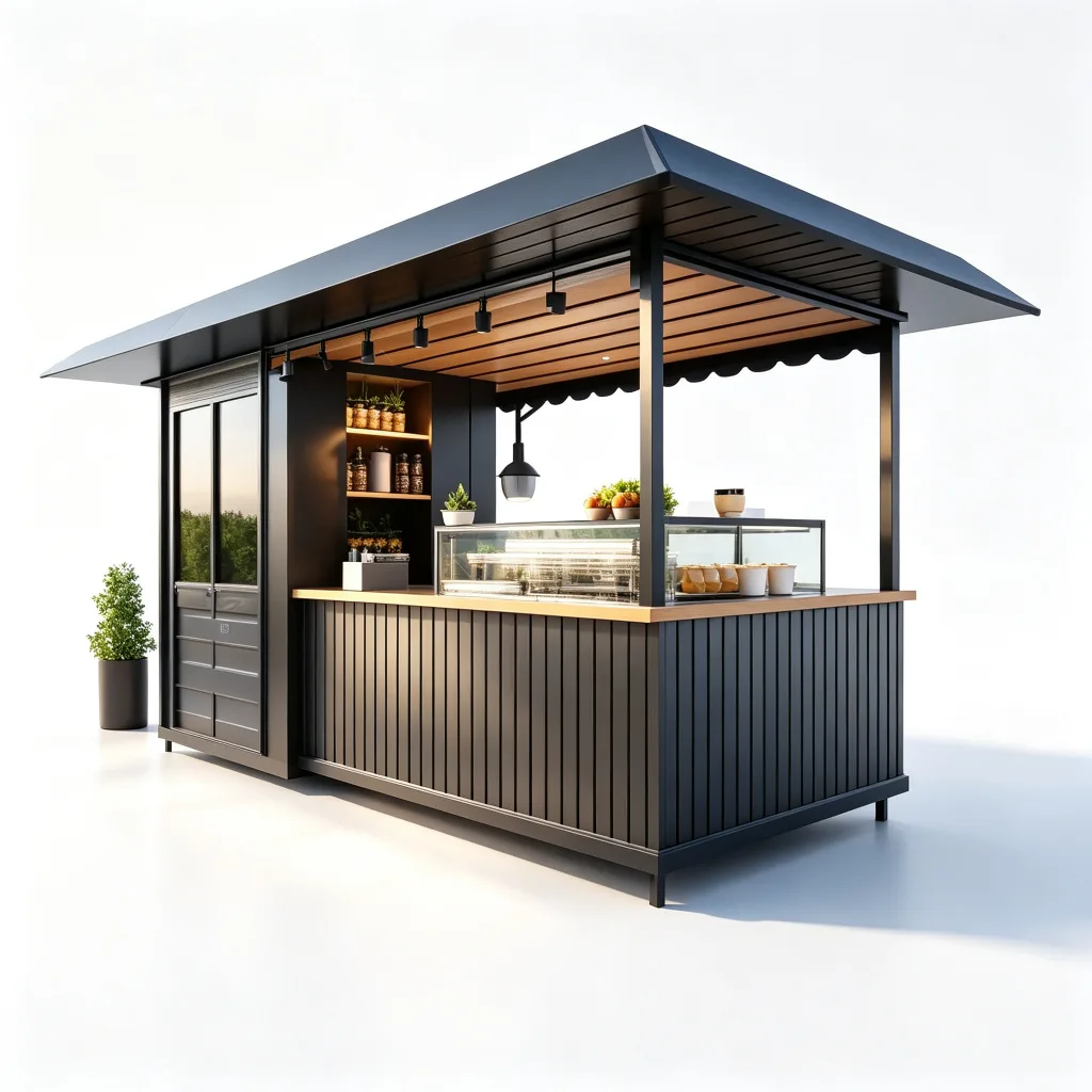 Modern Black Open-Air Pastry Coffee Kiosk with Glass Display and Wood Slat Ceiling — view 3