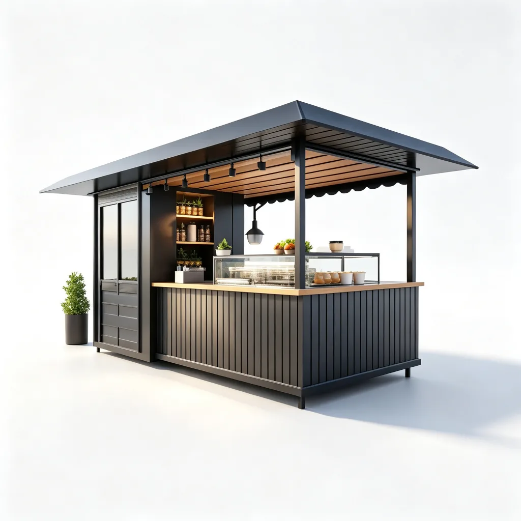 Modern Black Open-Air Pastry Coffee Kiosk with Glass Display and Wood Slat Ceiling — view 4